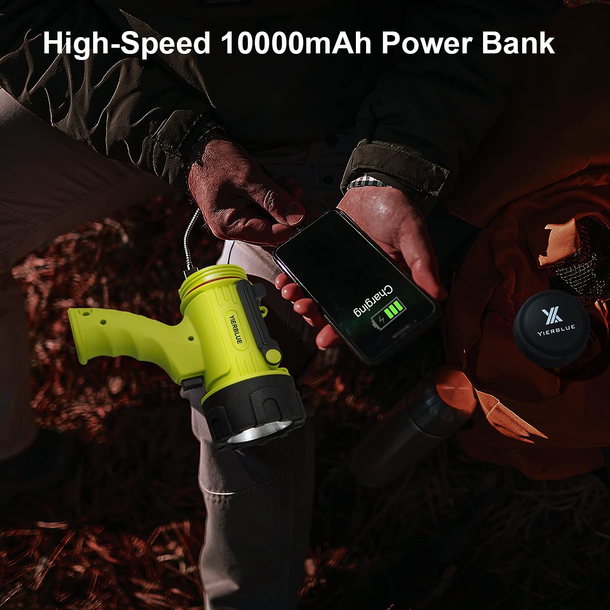 YIERBLUE 10000 Lumen Rechargeable Spotlight, IP67 Waterproof, Handheld Flashlight, Fluorescent, Model YBN-2000F