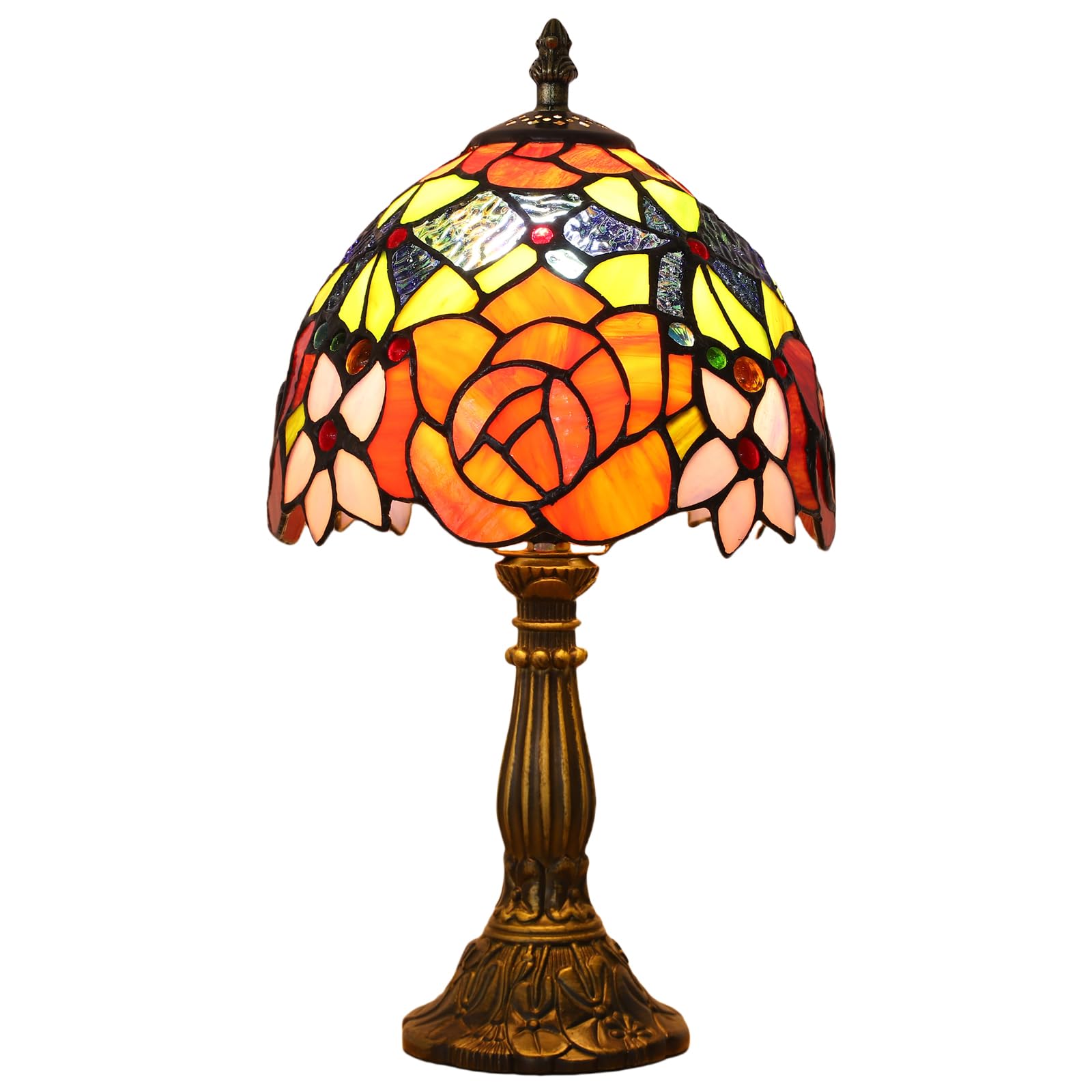 tuomoxte Tiffany Style Table Lamp, 8 Inch Stained Glass Lamp, Rose Flower Pattern, Small Antique Lamp, Bedside Lamp, for Nightst