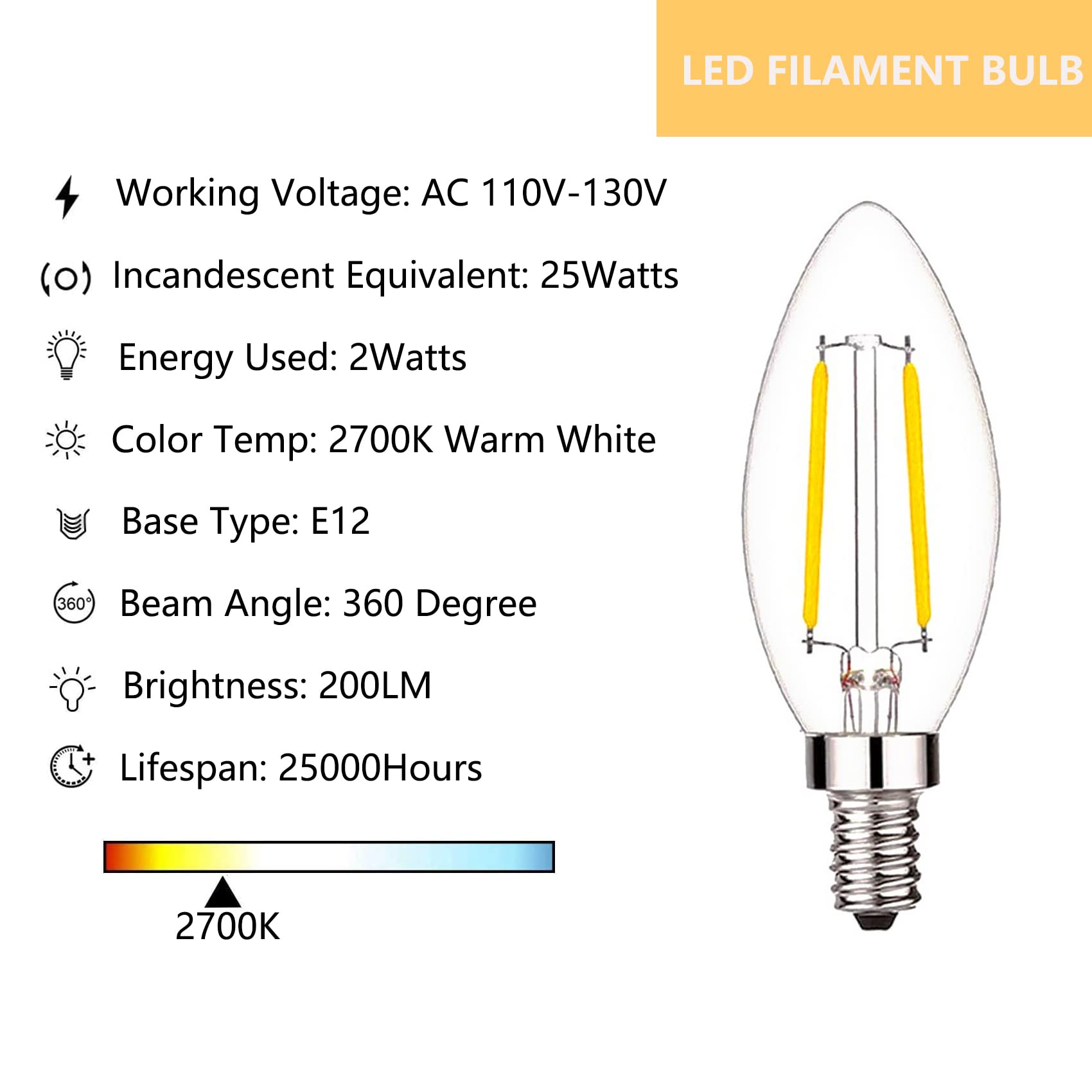 Sunaiony Led Candelabra Bulbs 25Watt Equivalent, B11 Led Bulb 2W Warm White 2700K E12 Base, Dimmable Edison Chandelier Light Bul