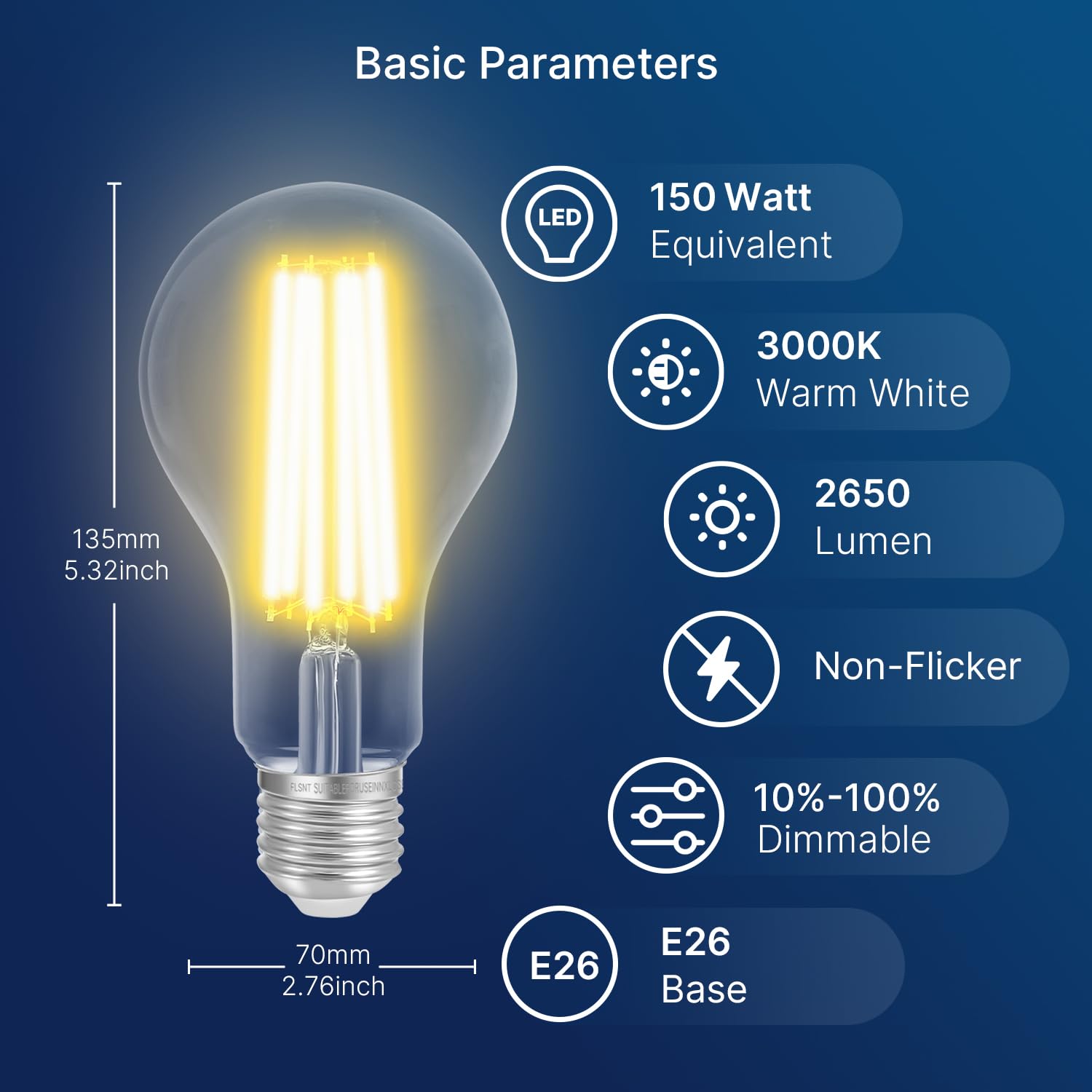 FLSNT Dimmable A21 LED Light Bulbs, 150W Equivalent, 2650 Lumens, 18W, 3000K Warm White, E26 Base, 4