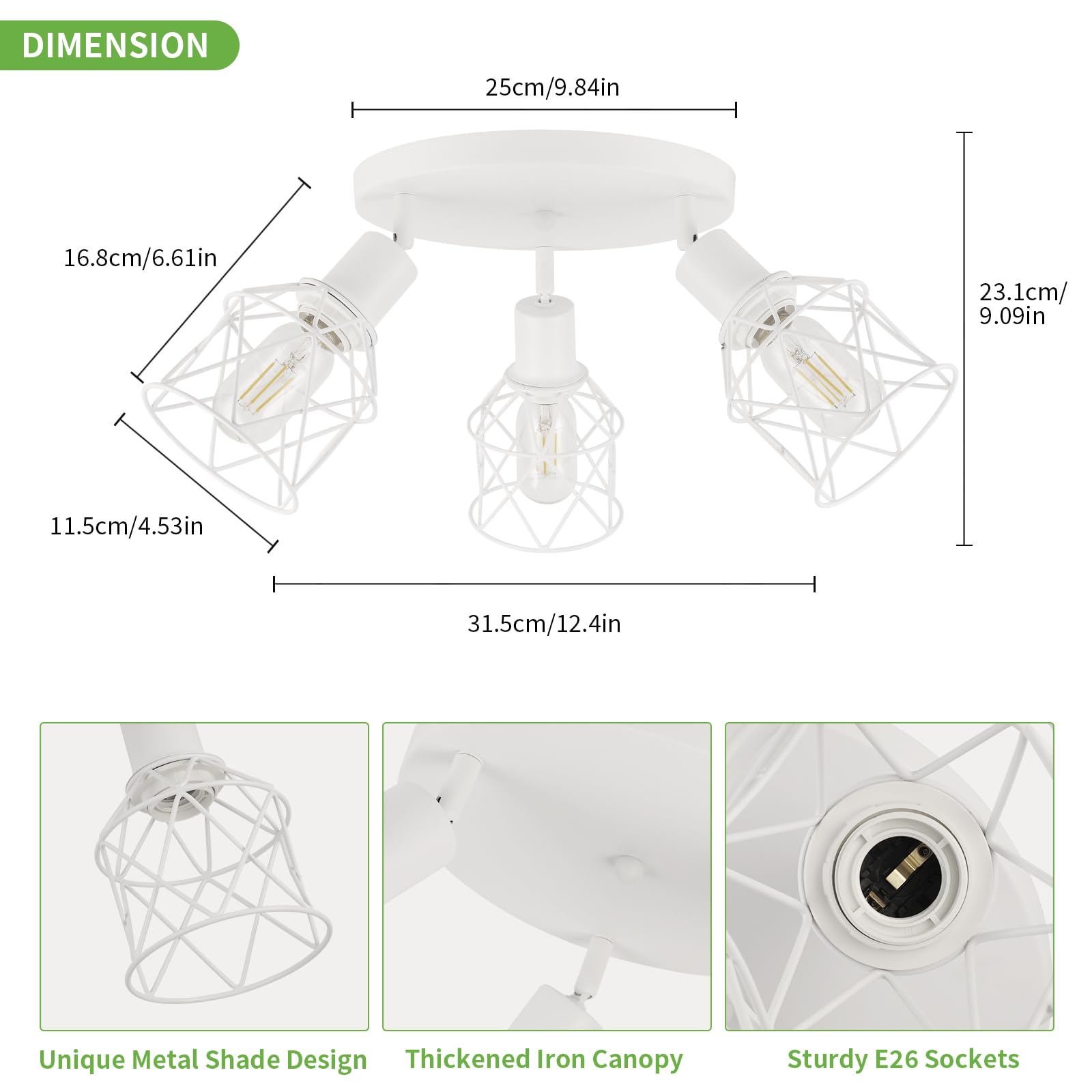 WILON 3-Light Flush Mount Ceiling Light, Metal Kitchen Fixture, White, Model QLUSX0043W, Multi-Directional Track Lighting for Hallway & Dining Room