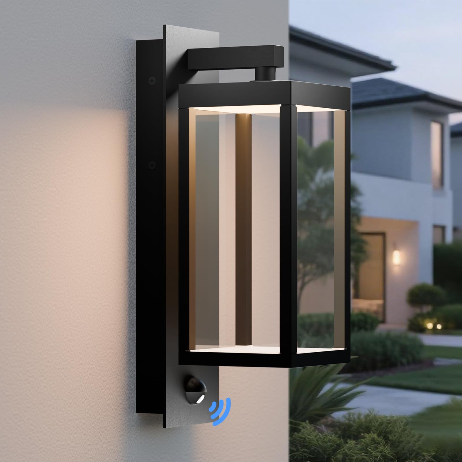 Inowel Modern Motion Sensor Outdoor Wall Light Sconce with Glass, 850LM LED, IP65 Waterproof Aluminum Lantern - Anti-Rust Exteri