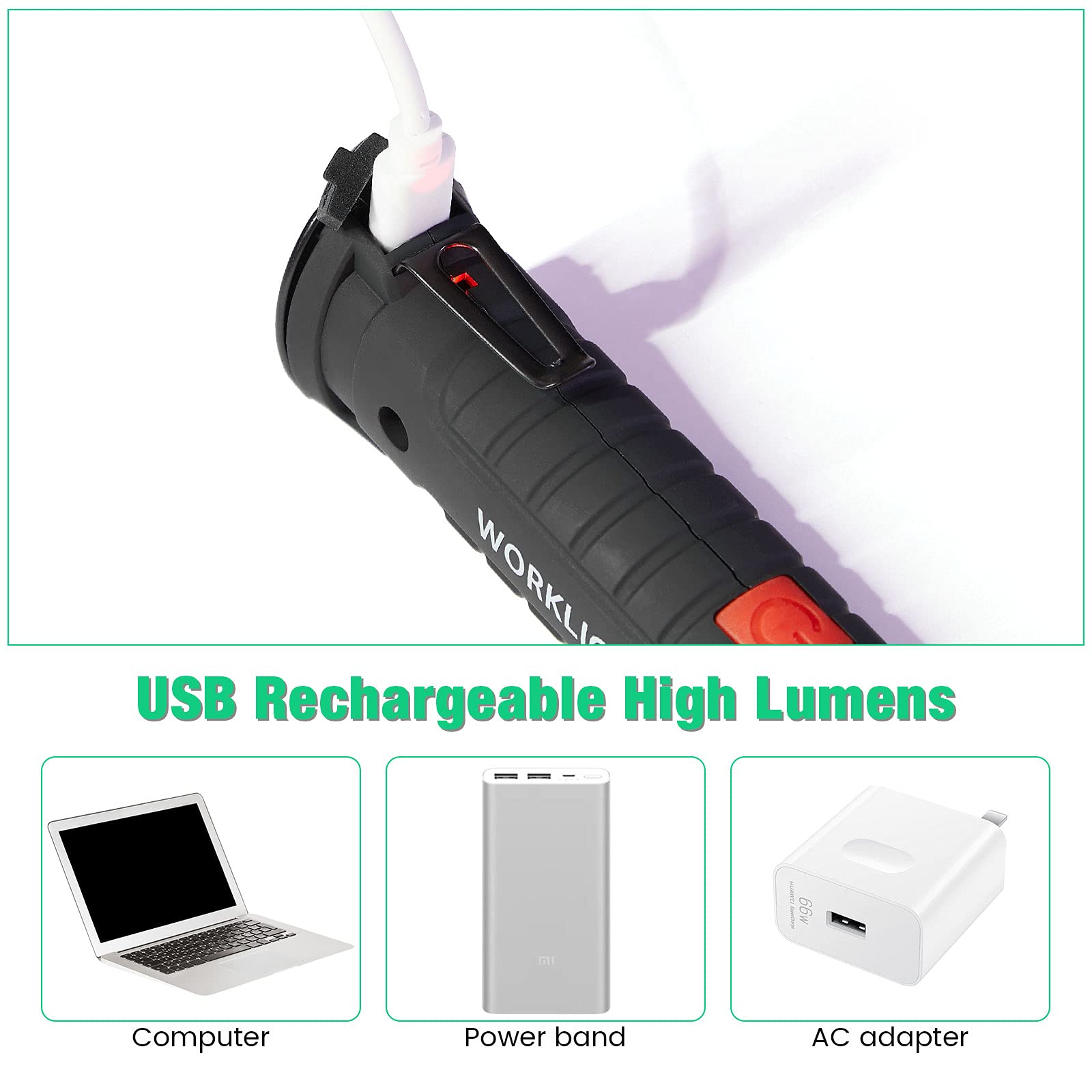 Honoson LED Work Light Cob Flashlight, 5 Modes, Rechargeable, Magnet Base, Hook, 360° Rotate, Small & Large, Black, Model: 336