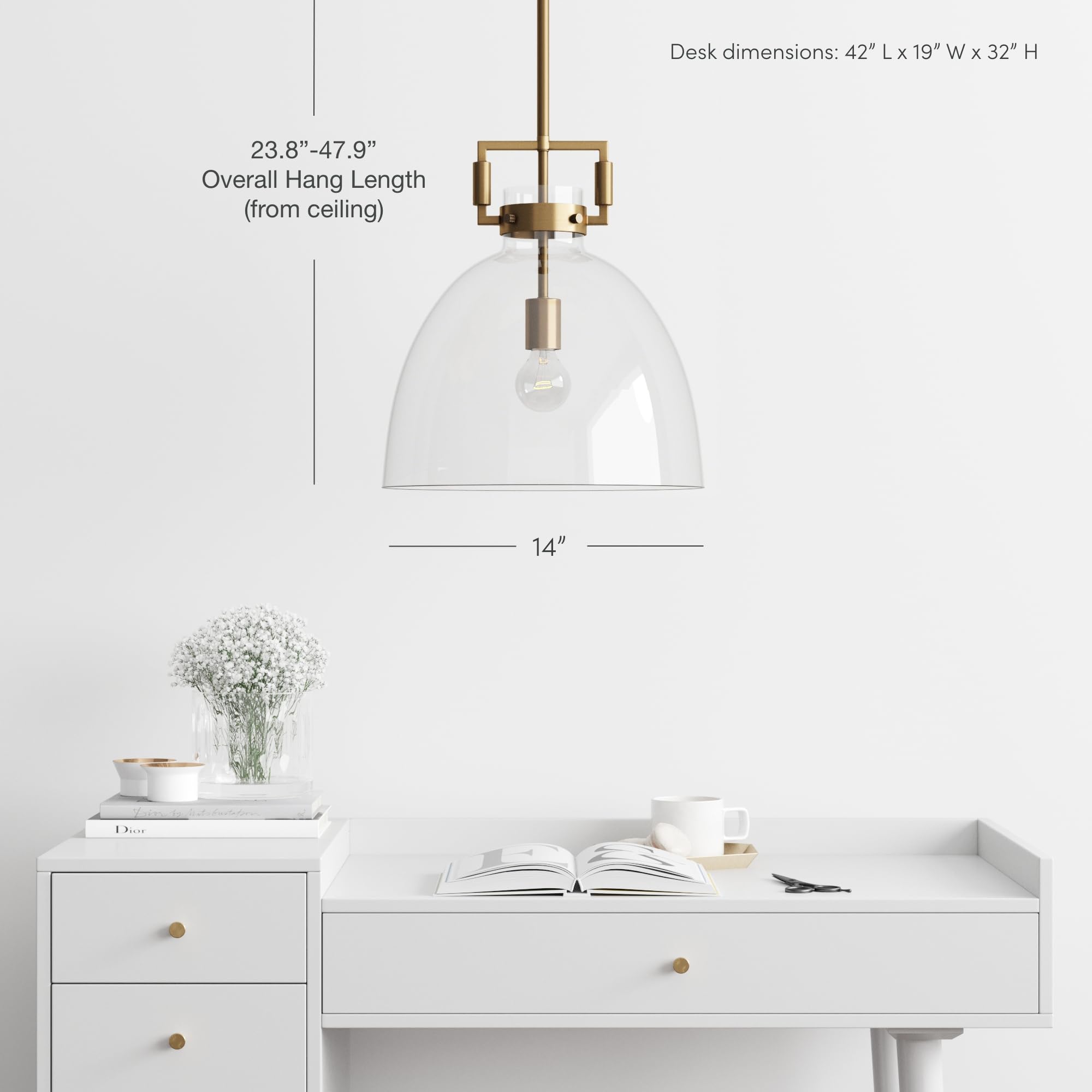 Nathan James Leigh Pendant Lighting, Hanging Ceiling Light With Oversized Glass Shade And Adjustable Cord, For Kitchen Island Or