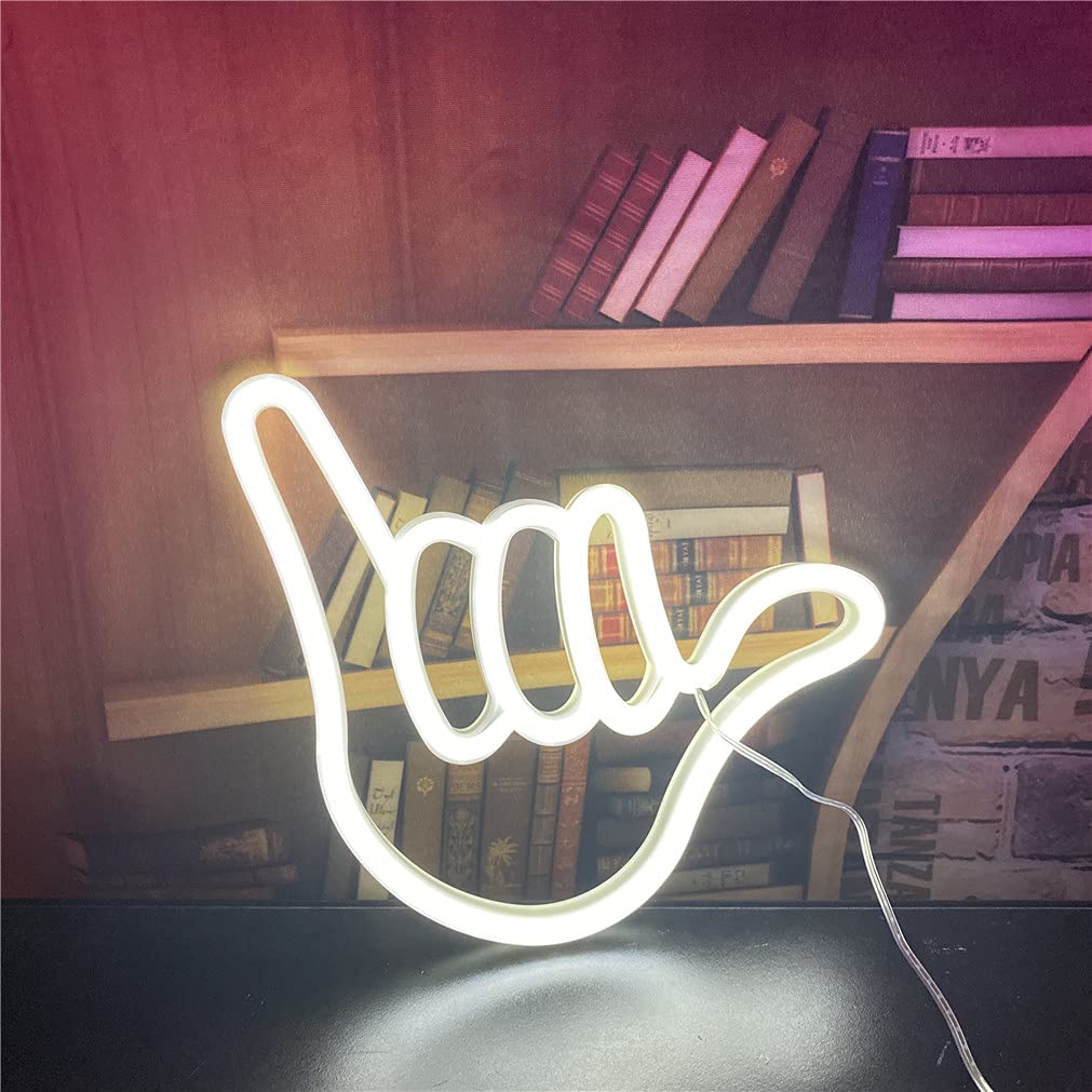 QiaoFei Hand Shape Neon Sign Light - White, USB/Battery Operated, Decorative Wall Art, Model QFLTGL2161004