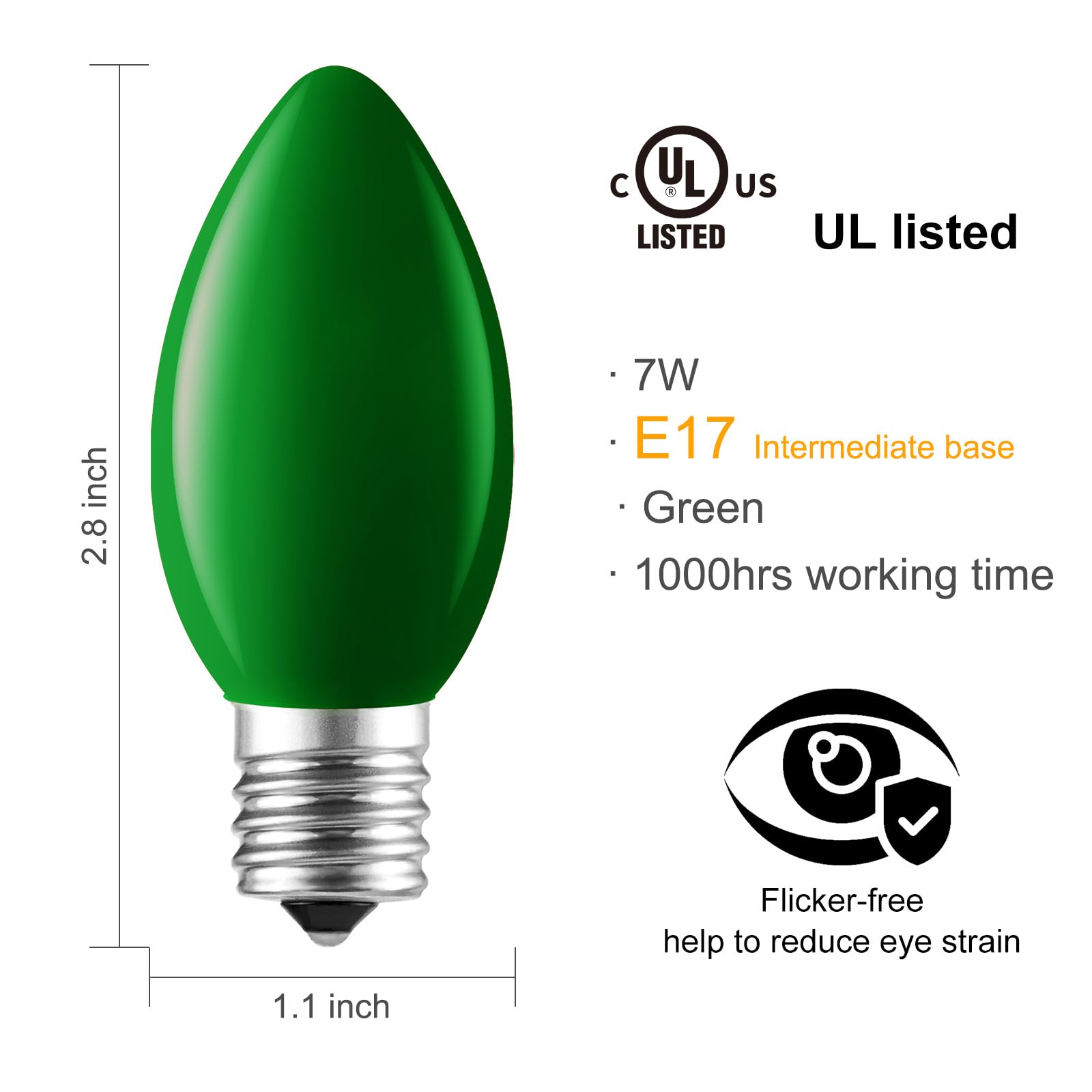 Brightown 25 Pack C9 Incandescent Bulbs, Green C9 Christmas Replacement Light Bulb For Christmas String Lights, E17 Intermediate