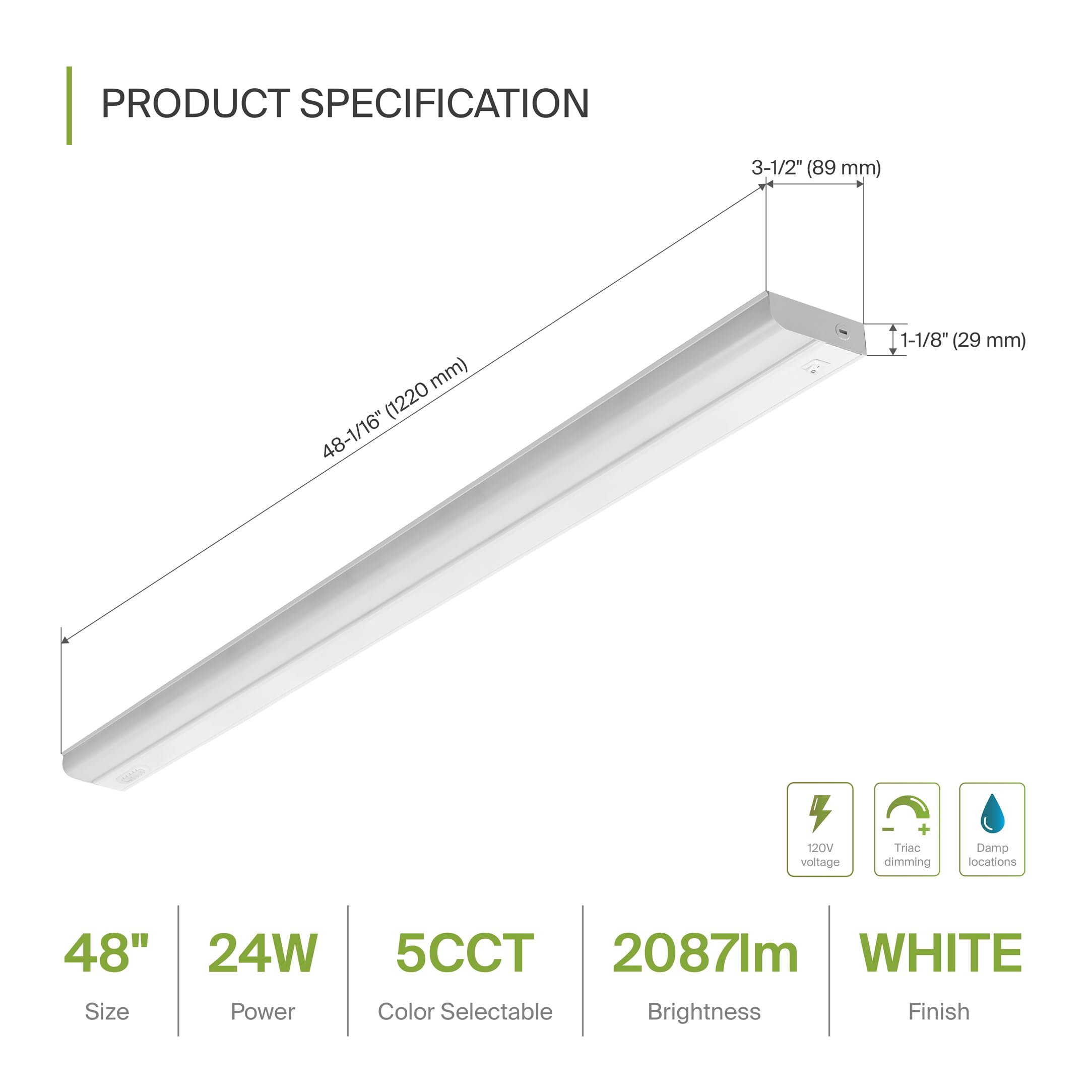 Asd 48 Inch Led Under Cabinet Lighting Hardwired, On/Off & Color Temp Switch, 24W 2087Lm, 5 Cct 2700K-5000K Cri90+, Dimmable Und