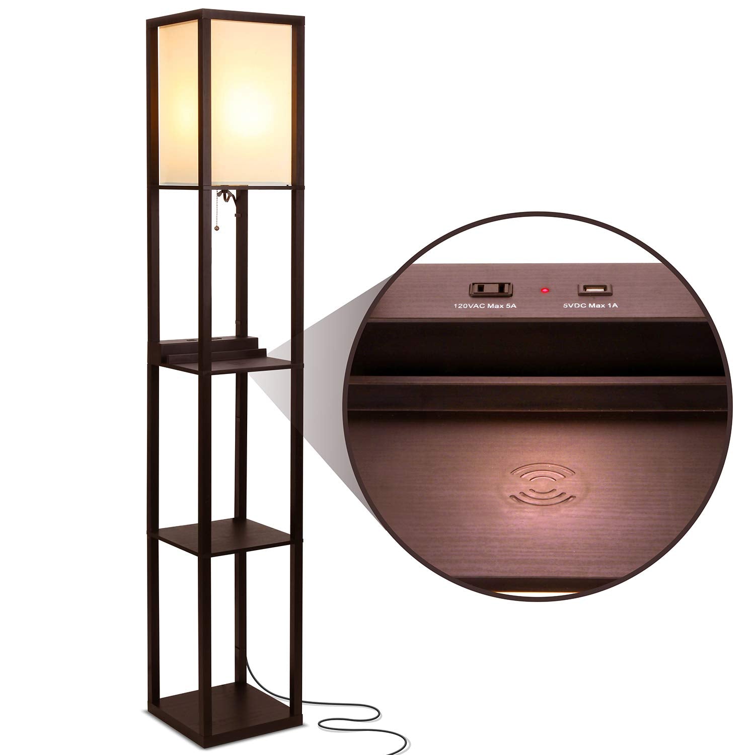 Brightech Maxwell Floor Lamp with USB Ports, Wireless Charging, Wood, Havana Brown, Model 3P-2UPC-9RVE