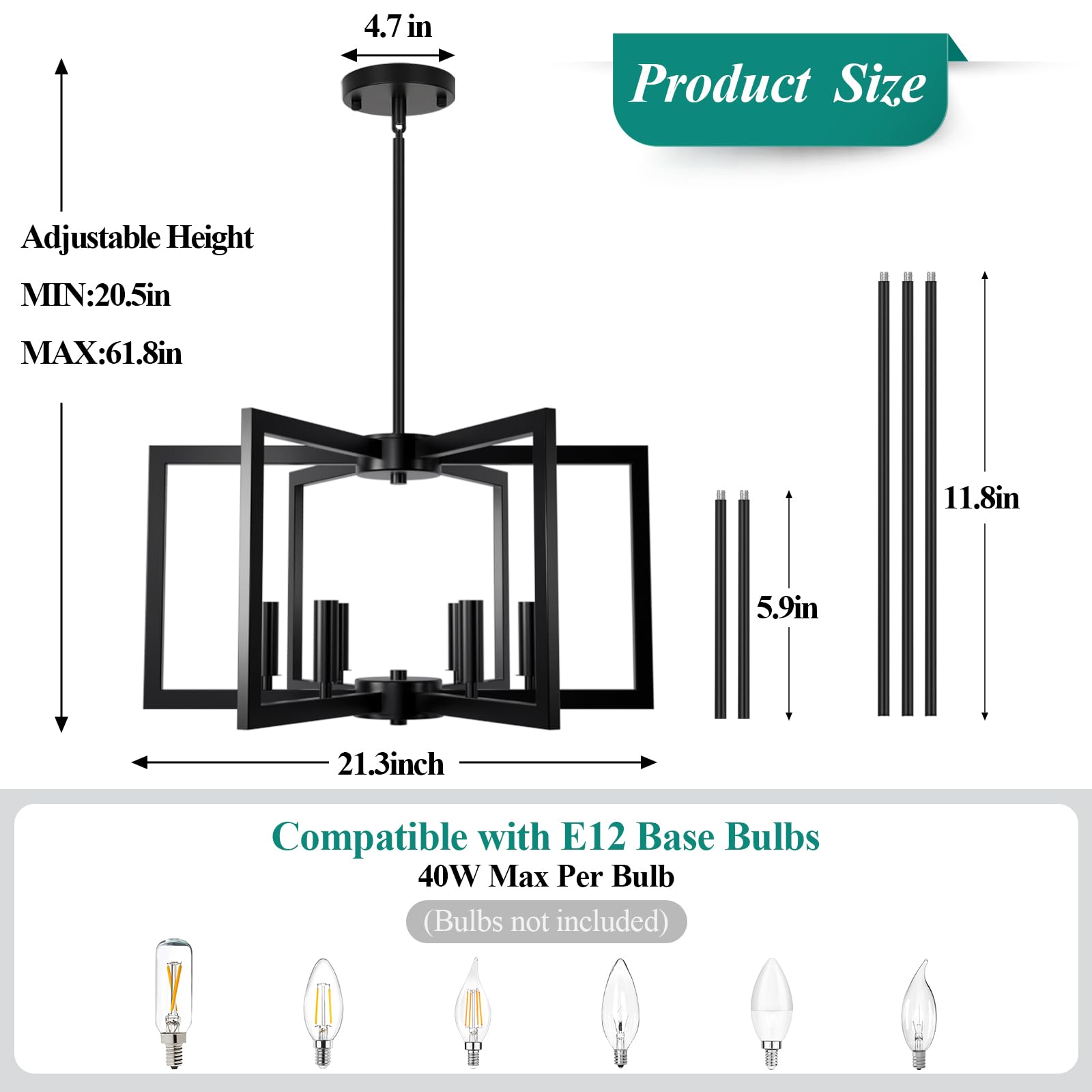 Bairth 6-Light Black Metal Chandelier, Modern Farmhouse Lighting Fixture for Dining Room, Foyer, Kitchen, Model D3201-06-BK