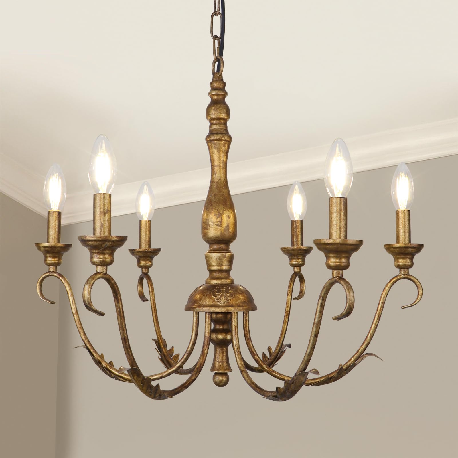 Kmaipem 6-Light Farmhouse Chandelier, 23.62'' Vintage Gold Chandeliers For Dining Room, Adjustable Rustic Metal Hanging Pendant 