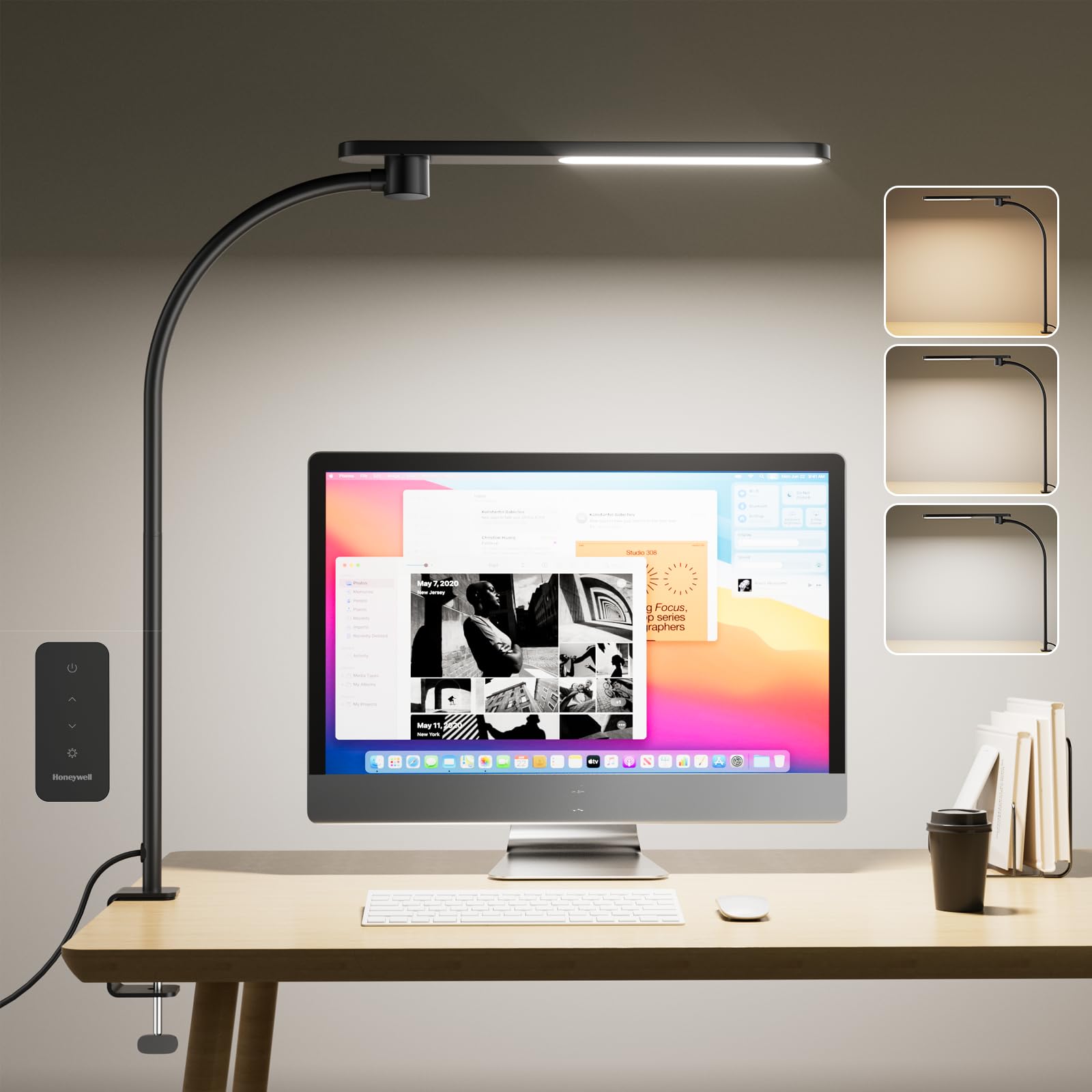 Honeywell HJ2 Gooseneck LED Desk Lamp with Clamp 3-Color Stepless Dimming.Flexible Metal Lamp Arm CRI = 97.Adjustable Small Desk Lamp for Home Office Studying  Reading  Artists & Crafters (Black)