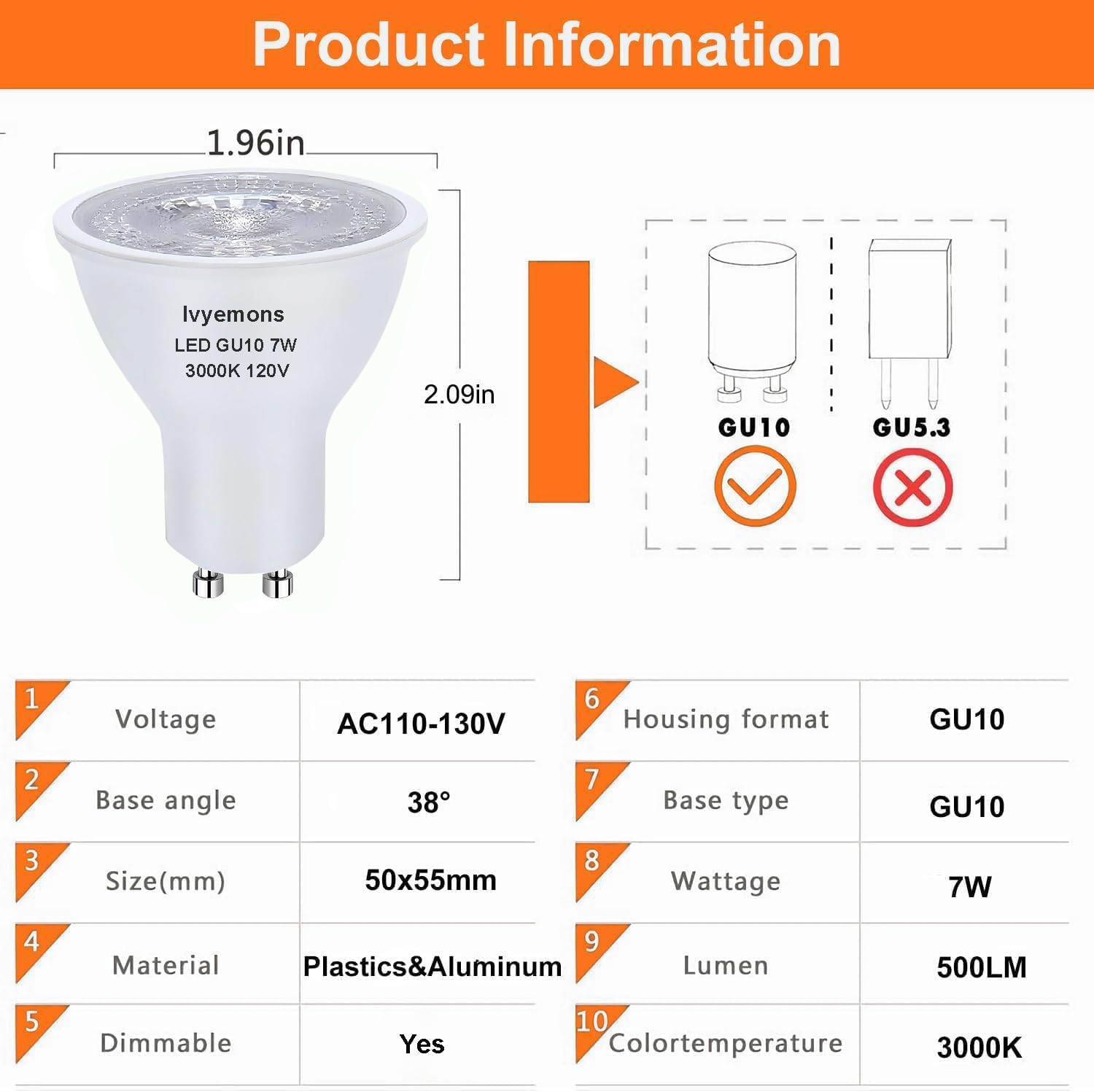 Ivyemons 3-Pack Gu10 Mr16 Led Bulb Dimmable  3000K Warm White  Energy Efficient 7W Equivalent 50W Traditional Bulbs  Gu10 Base  Replacement For Recessed Track Lighting