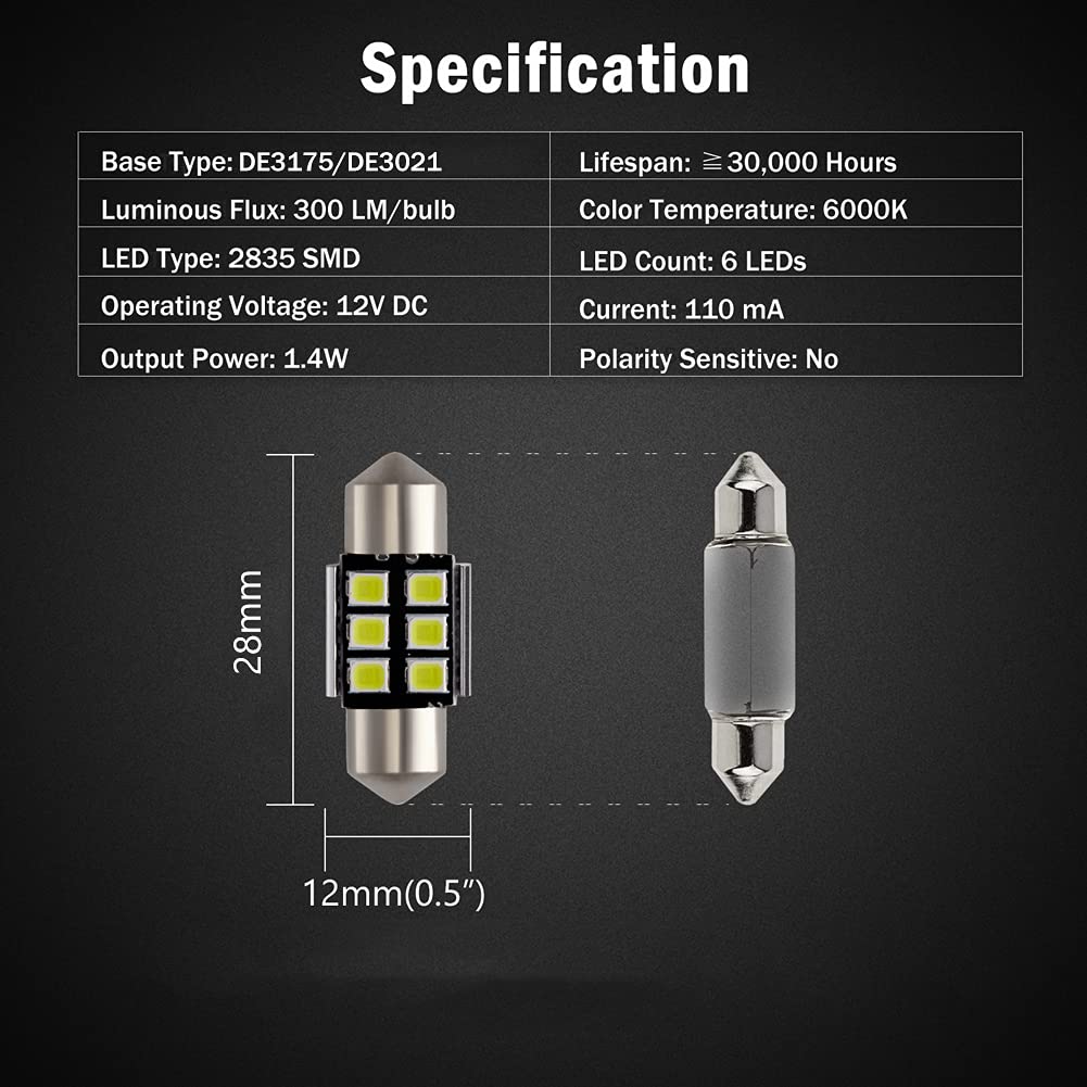 BRISHINE Festoon LED Bulbs 28MM/29MM Canbus Error Free Xenon White 2835 Chipsets Model BRISHINE-Festoon28W-28354