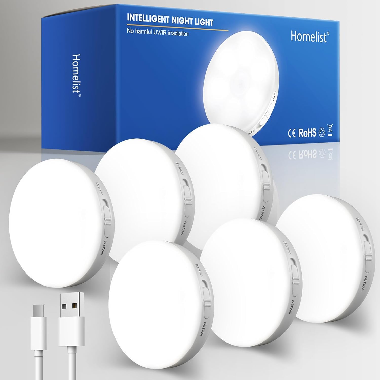 Homelist 6 Pack Motion Sensor Light Indoor, Rechargeable Puck Lights, Wireless Battery Operated Night Light for Closet, Hallway,