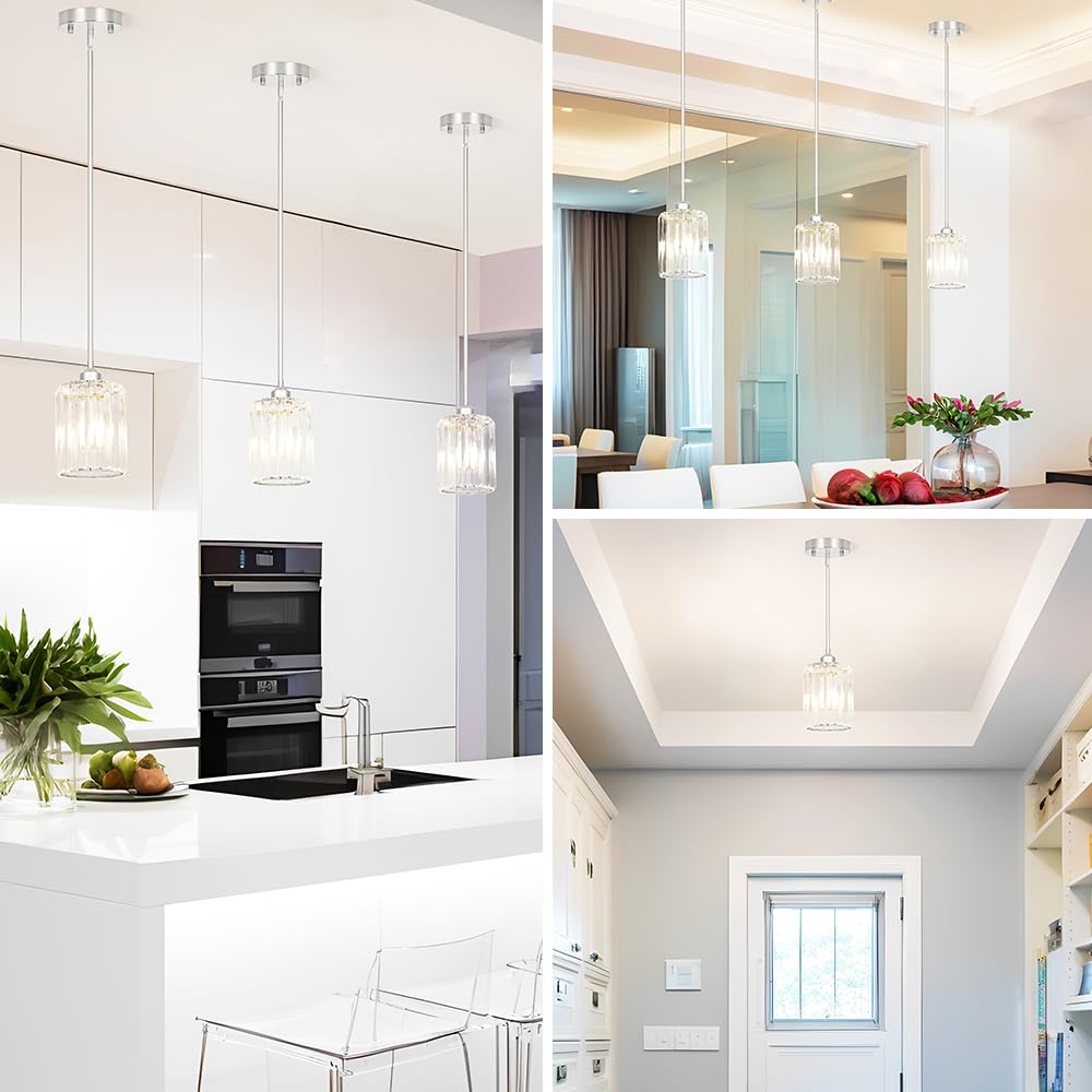 Lxybcce Chrome Kitchen Pendant Light - Adjustable Crystal Fixture for Sloped Ceiling, E26 Bulb, 6in Size, Model LB2530C-CL-1