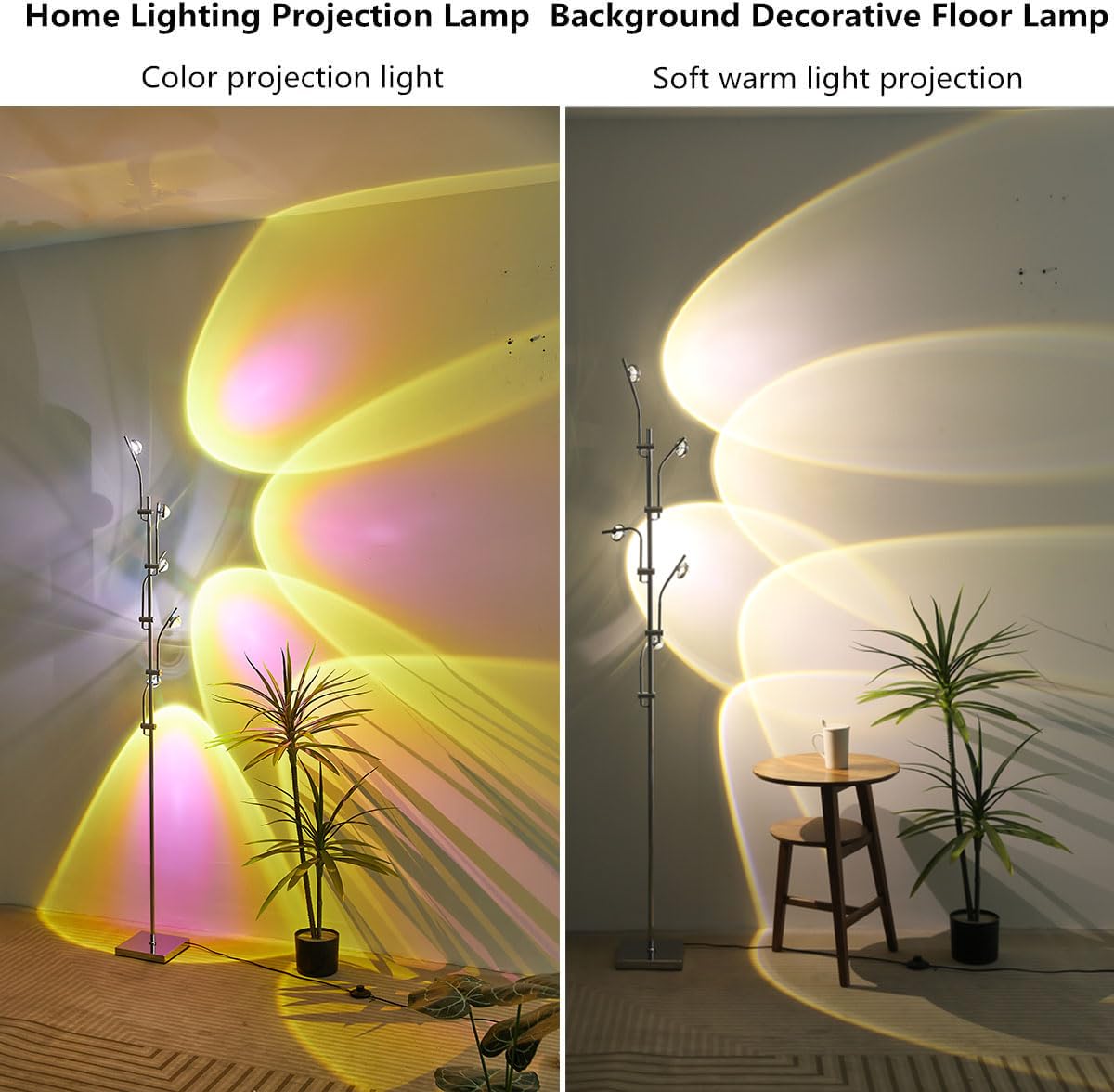 NKU Sunset Floor Lamp Projector - 5 Head Multi-Color Ambient Light, 72in Chrome, Perfect for Bedroom & Living Room