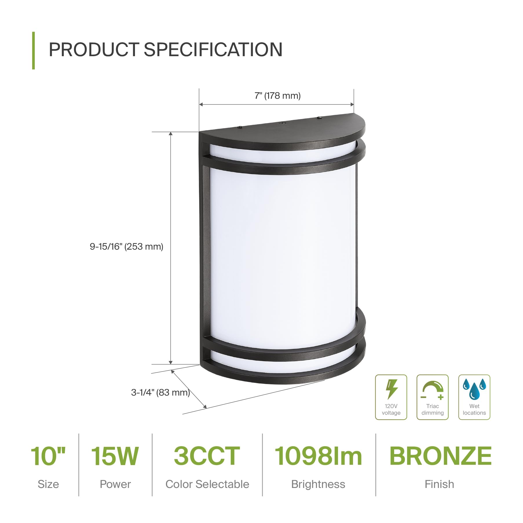 ASD 10 Inch LED Wall Mount Light Fixture, Dimmable Bronze Sconce, 15W 3000K/4000K/5000K, ETL Certified, 2 Pack