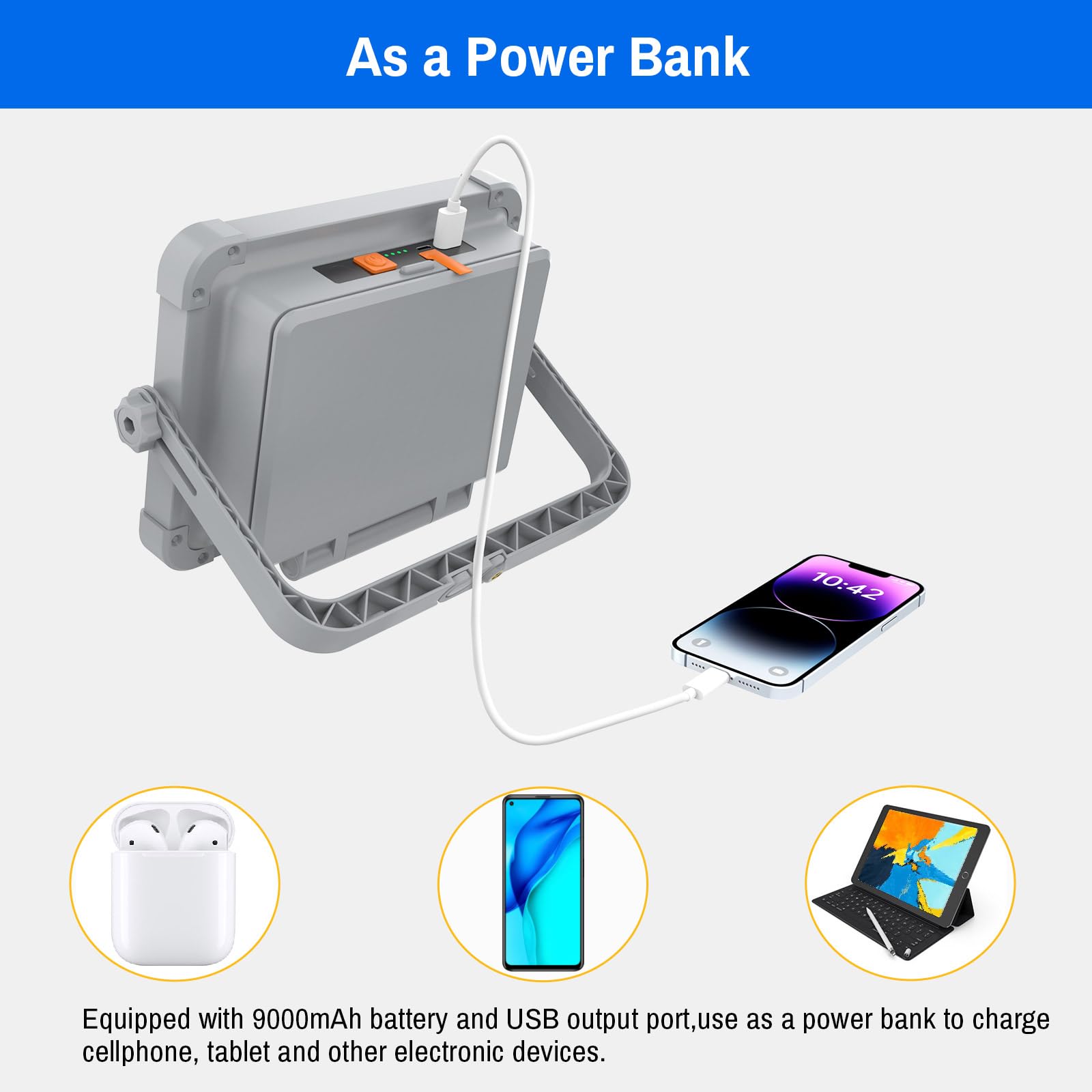 ERAY Rechargeable LED Work Light, 9000mAh Battery, Dual Solar Panels, Model SM-S8, Grey