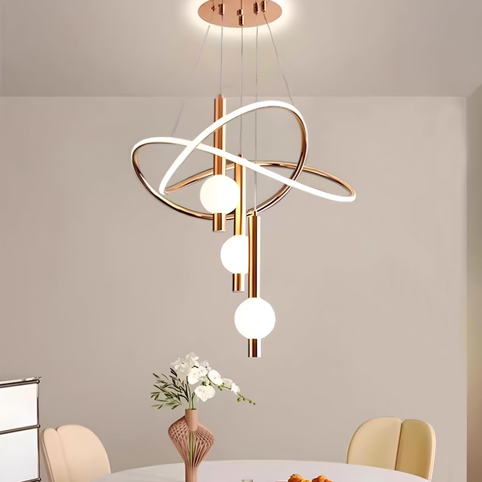 mfanchan Modern Gold LED Chandelier, Adjustable Pendant Light, 19.7in, Brass Gold, Metal, Glass Chandelier 16in