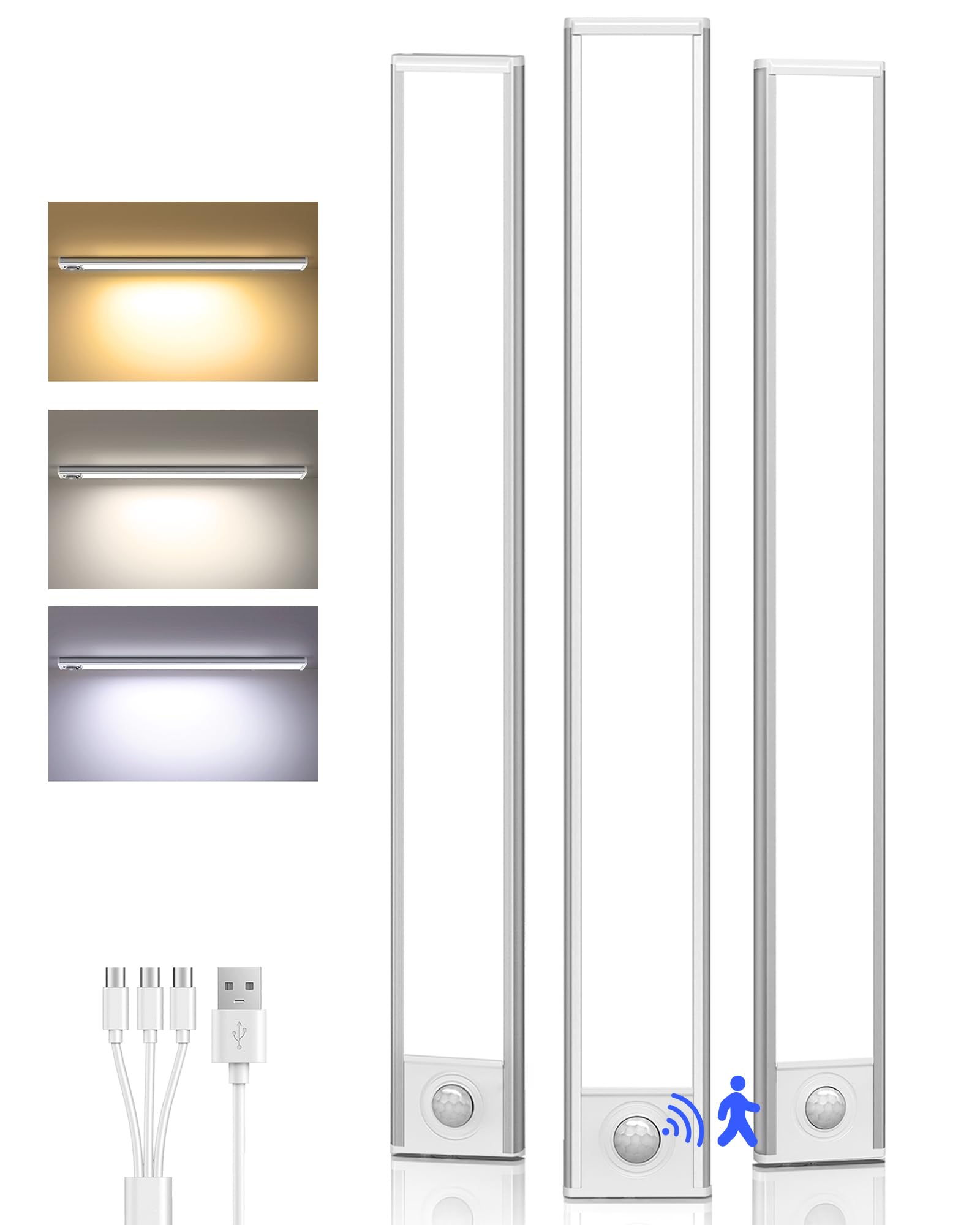 AMETHEUS Under Cabinet Lighting, Wireless Rechargeable LED Motion Sensor Light, 3 Color Dimmable, 16inch, 3 Pack, Model UCL01-2