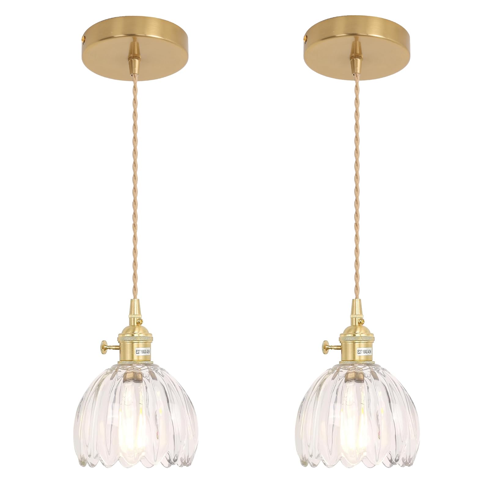 Shenmoyl Mini Pendant Light 2 Pack with Clear Tulip Glass Lmapshade, Brass Vintage Pendant Light Adjustable Hanging Light for Ki