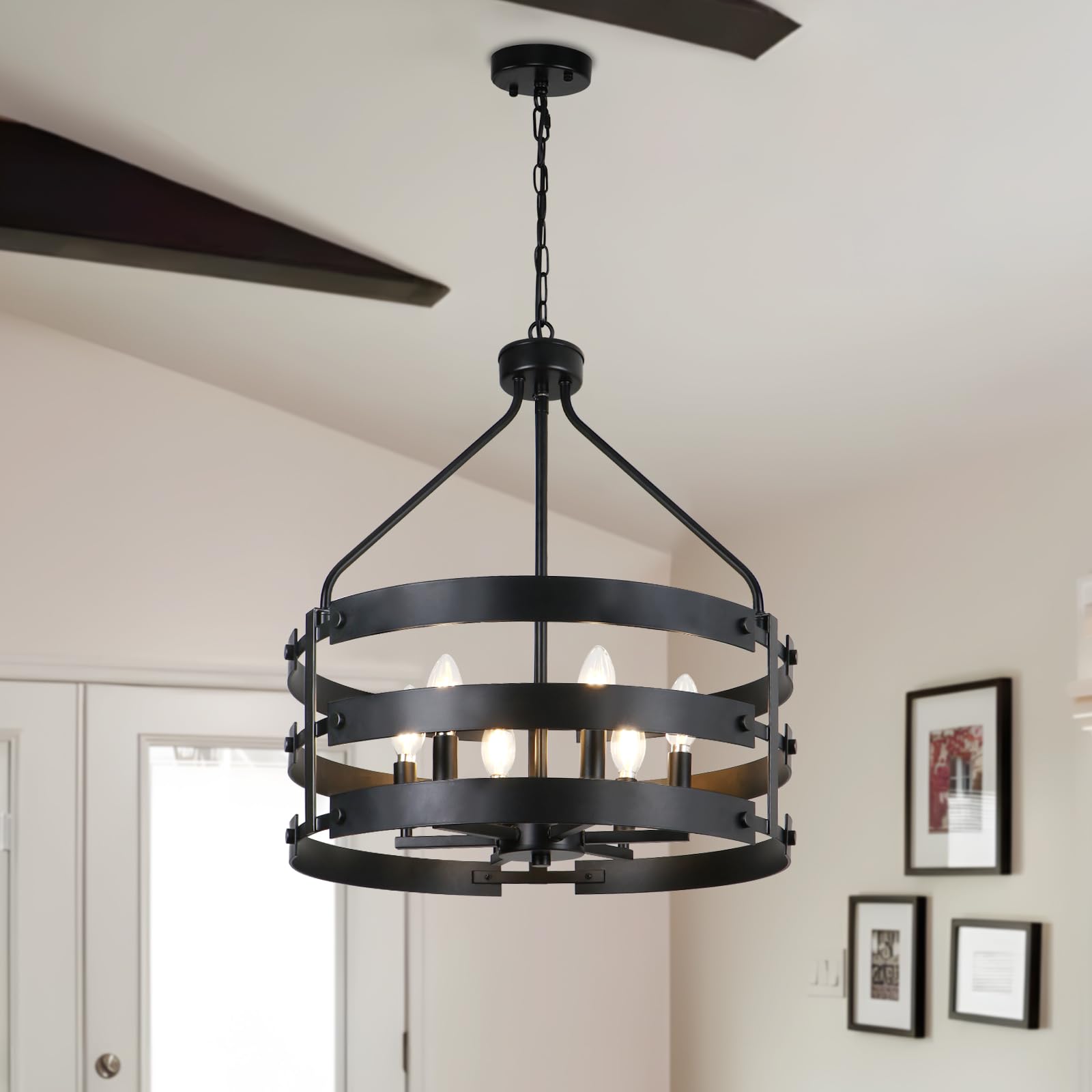 Kmaipem 6-Light Black Chandelier For Dining Room Light Fixture, 18.5'' Farmhouse Drum Chandeliers, Modern Industrial Metal Hangi
