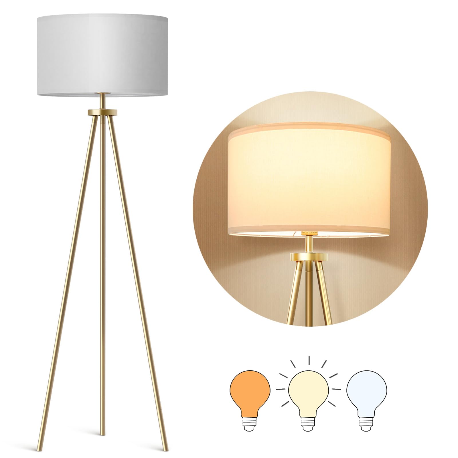 ALLDIO Modern Brass Tripod Floor Lamp with Drum Shade, 9W LED Bulb Included, White Color for Living Room