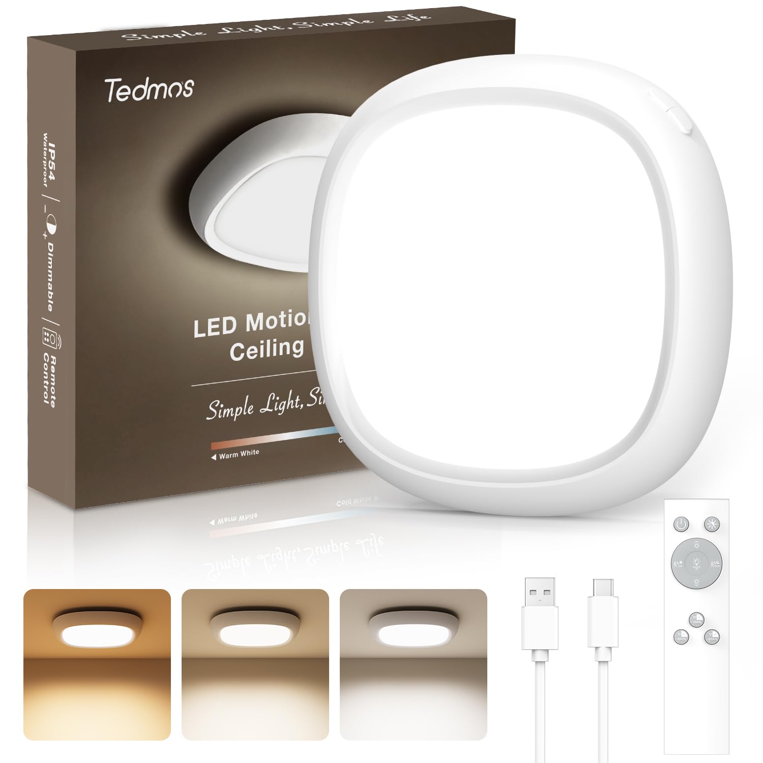 Ip54 Waterproof Rechargeable Shower Light Indoor, 12000Mah Motion Sensor Wireless Ceiling Light With Remote No Wiring, Battery O