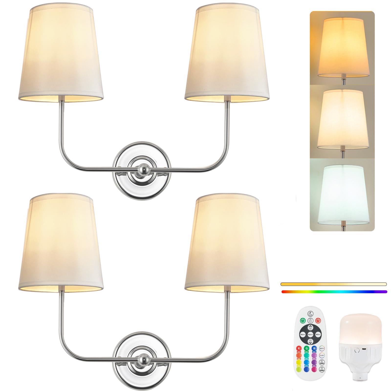 PASSICA DECOR Wireless Wall Sconce Set of 2, Rechargeable Dimmable LED, 15 Colors, Chrome, Model CA7010-04