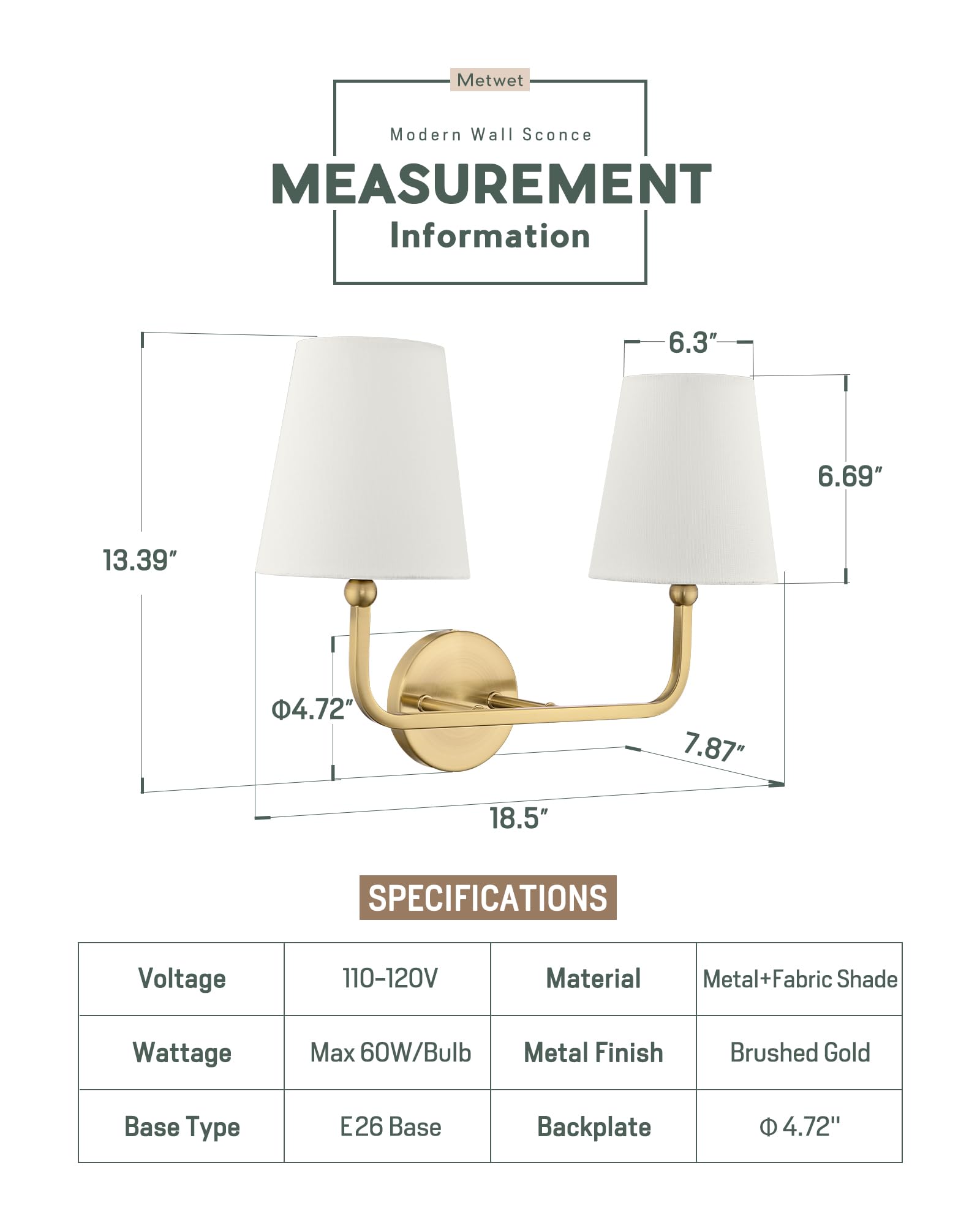 METWET 2-Light Bathroom Light Fixtures, Brushed Gold Metal Sconces with Beige Shade, Model VL837-BG-B-2