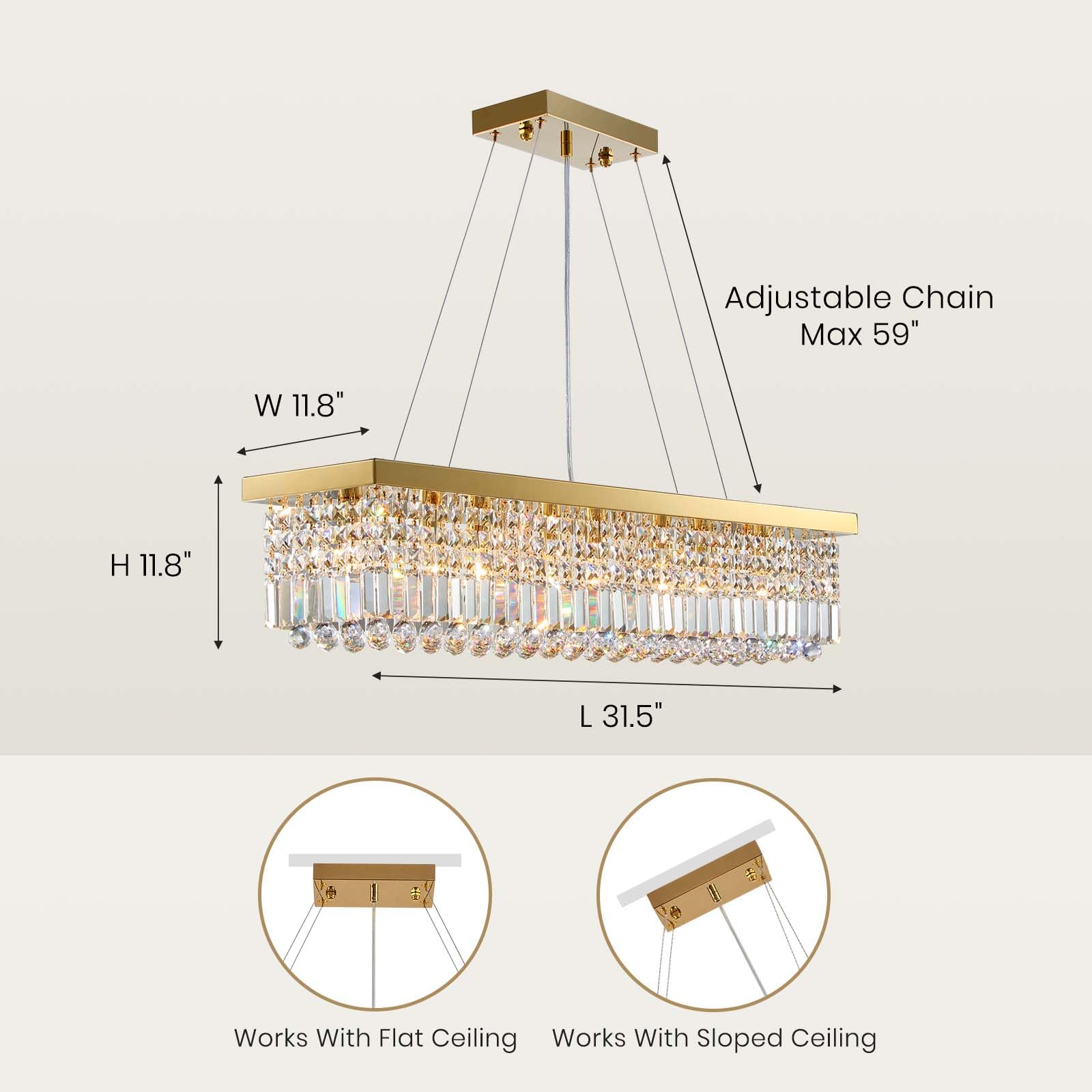 7Pm Modern Gold Crystal Chandelier Rectangle Chandeliers For Dining Room Rectangular Pendant Lighting Fixture For Kitchen Island