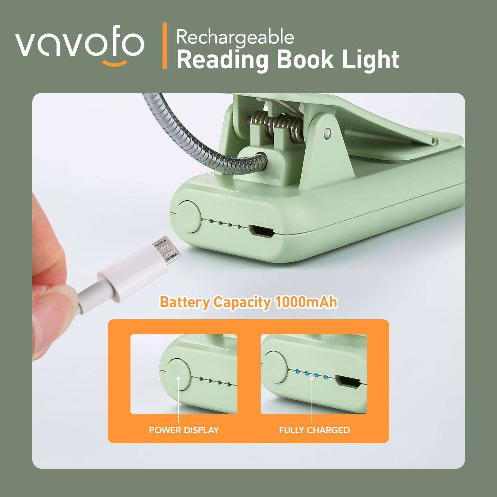VAVOFO Rechargeable Book Light - 7 LED Eye Care Lamp, 9-Level Warm Cool White, Avocado Green, Model KM-6720