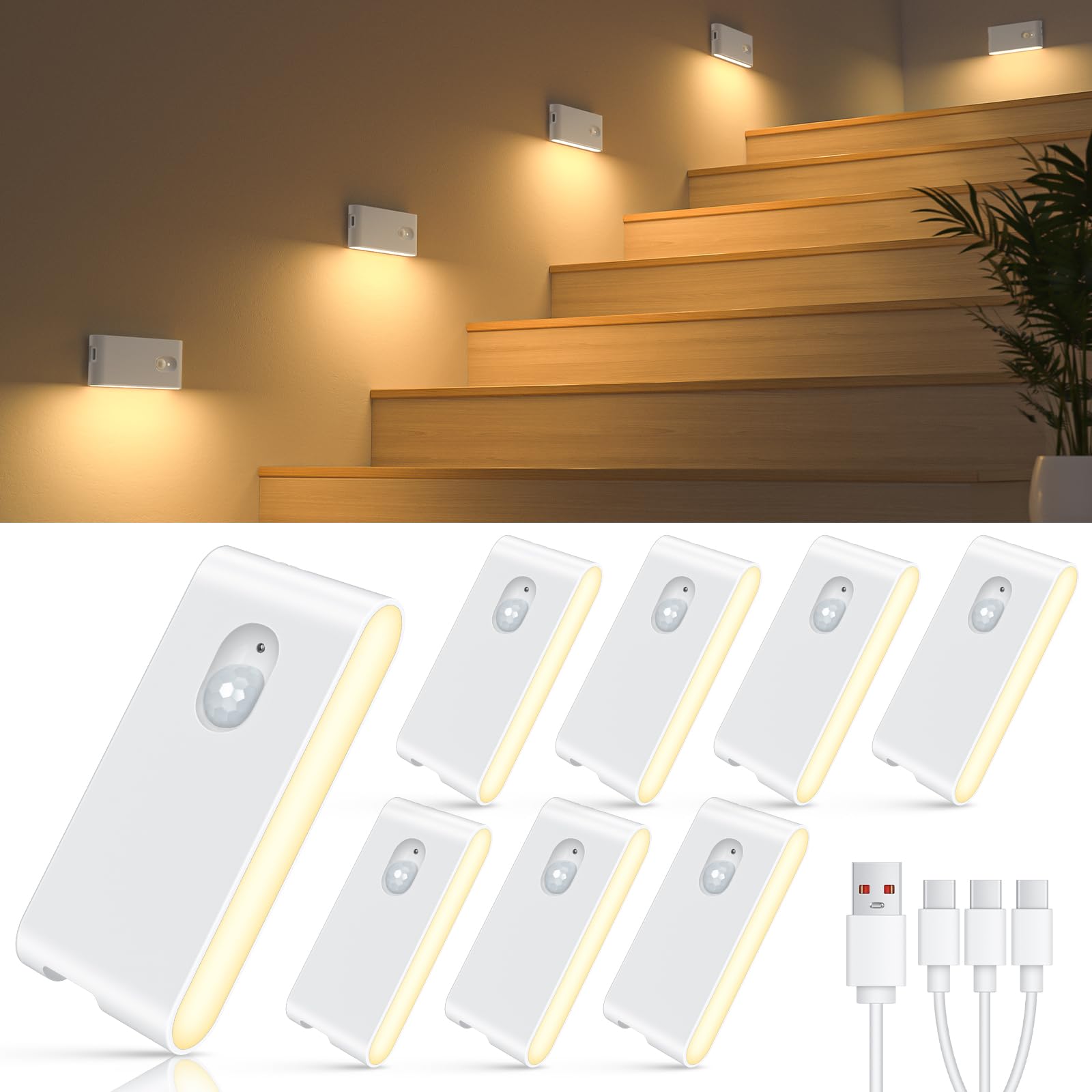 WILLED Rechargeable Night Lights, Warm White Motion Sensor Night Lights, Wireless Stair Lights Indoor for Stairway, Hallway, Kit