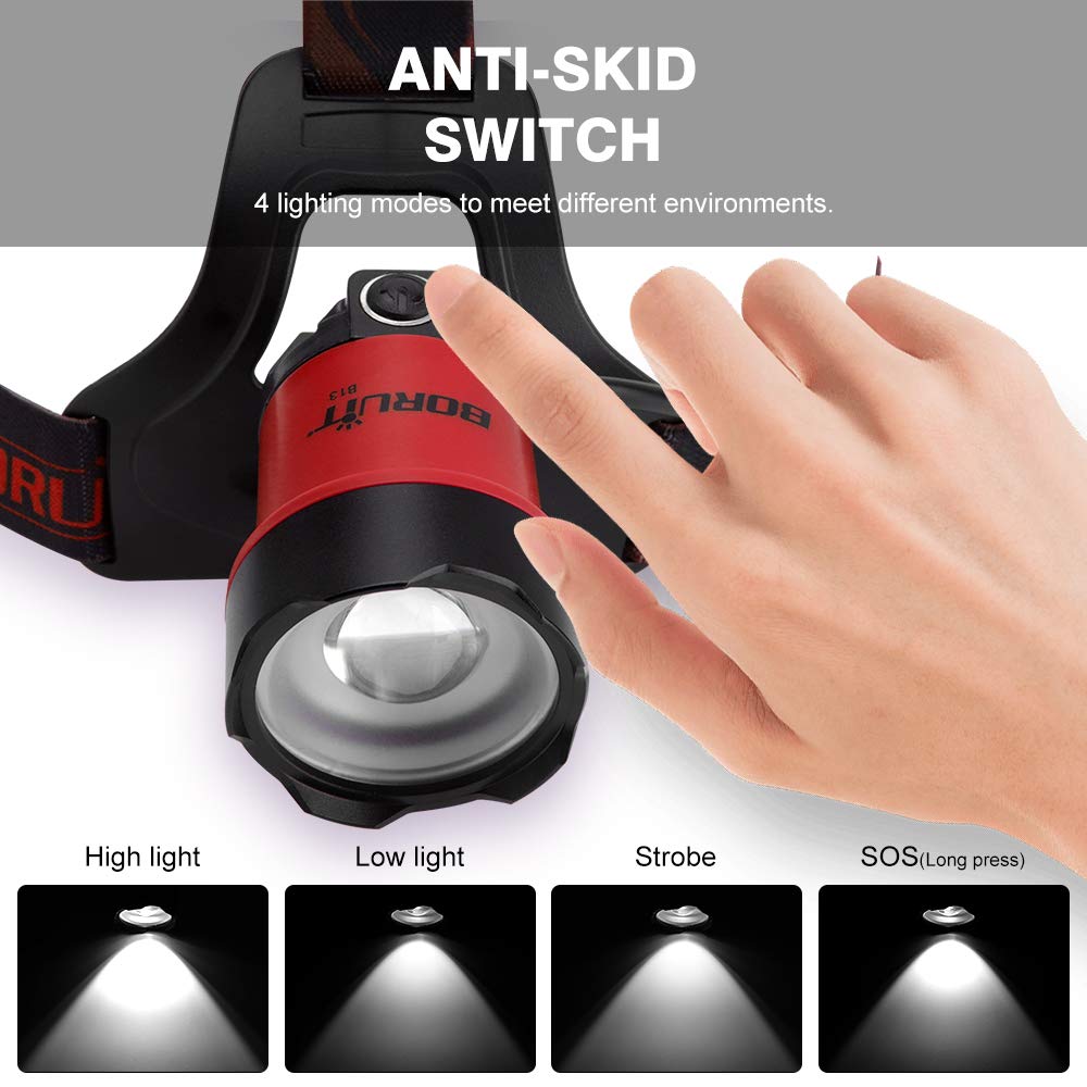 BORUIT B13 Rechargeable LED Headlamp - Super Bright, 90° Adjustable, IPX4 Waterproof, Red