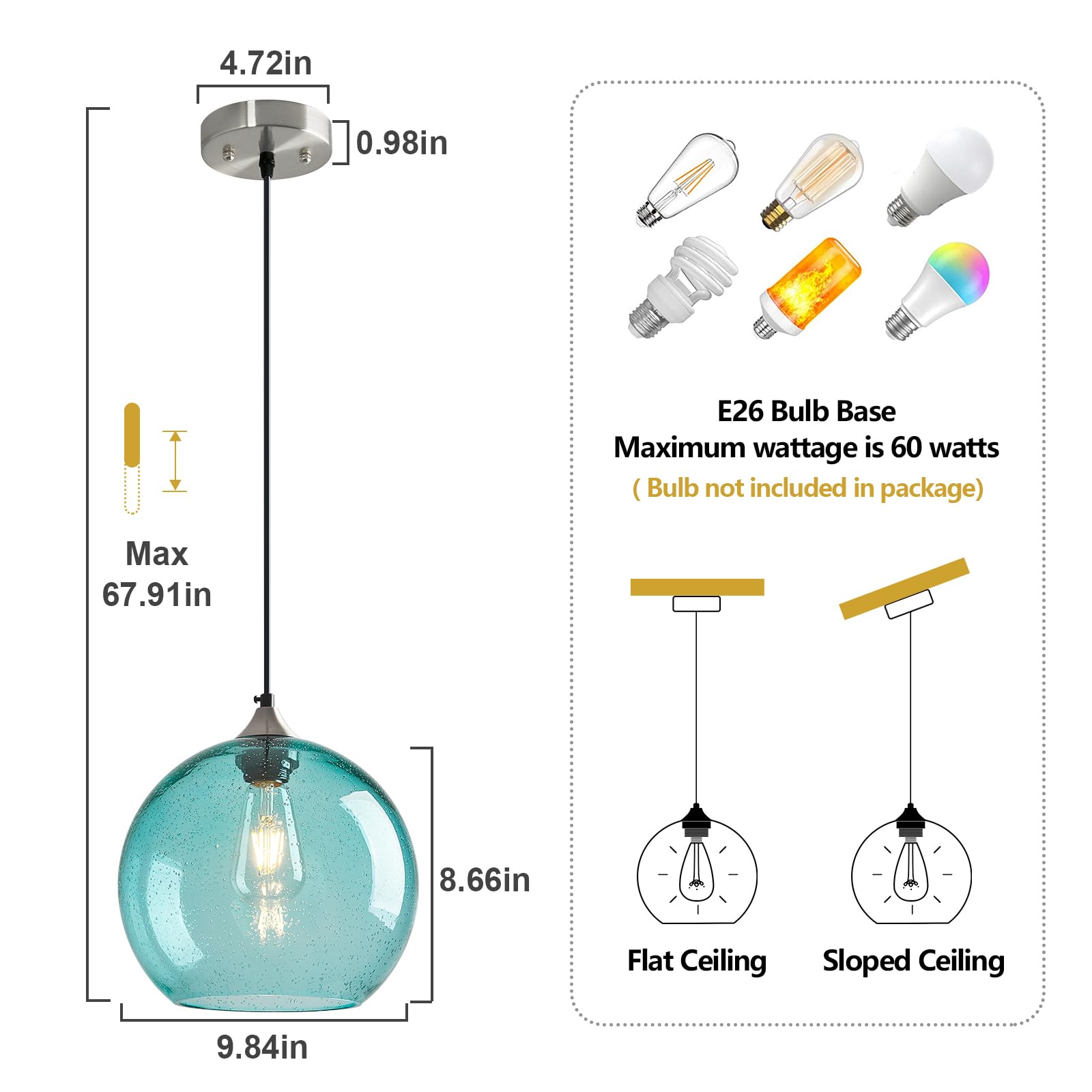 Lbsqj Light Blue Glass Pendant Lights Kitchen Island Globe Pendant Light Fixtures Modern Pendant Lighting For Bedroom Living Dining Room Light Fixture (9.84 In  1 Pack)
