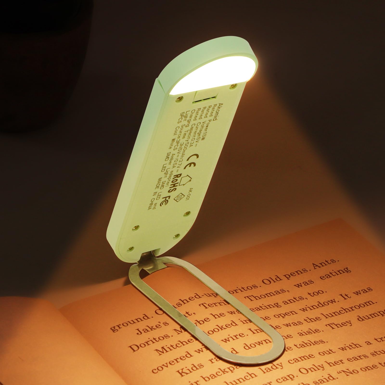 Akomid Book Light, Usb Rechargeable, Eye-Cared Amber Light, 8 Leds, Green, Modern Style, Metal & Plastic, Clip-On, Stepless Dimm