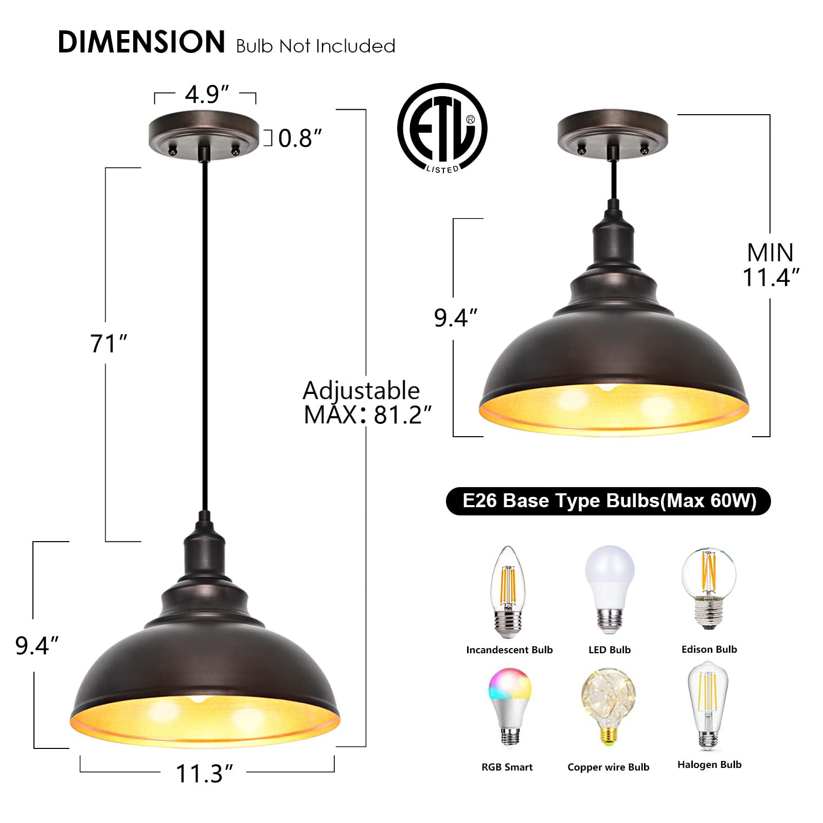 Alaislyc 3-Pack Farmhouse Pendant Light, Adjustable Industrial Hanging Lights In Oil-Rubbed Bronze
