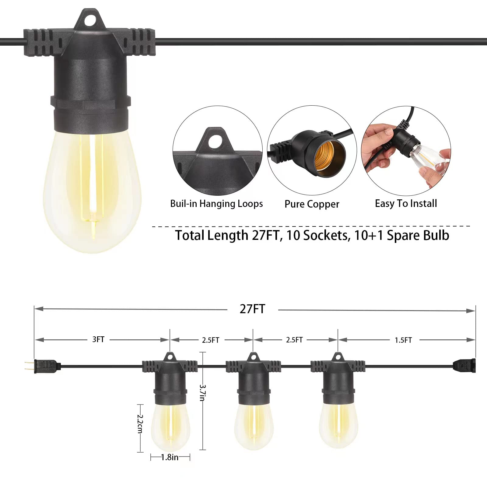 alitade S14 LED Outdoor String Lights, 27FT Shatterproof, IP65 Waterproof, Warm White 2700K, Edison Vintage, Model HY-S14-2710-ES