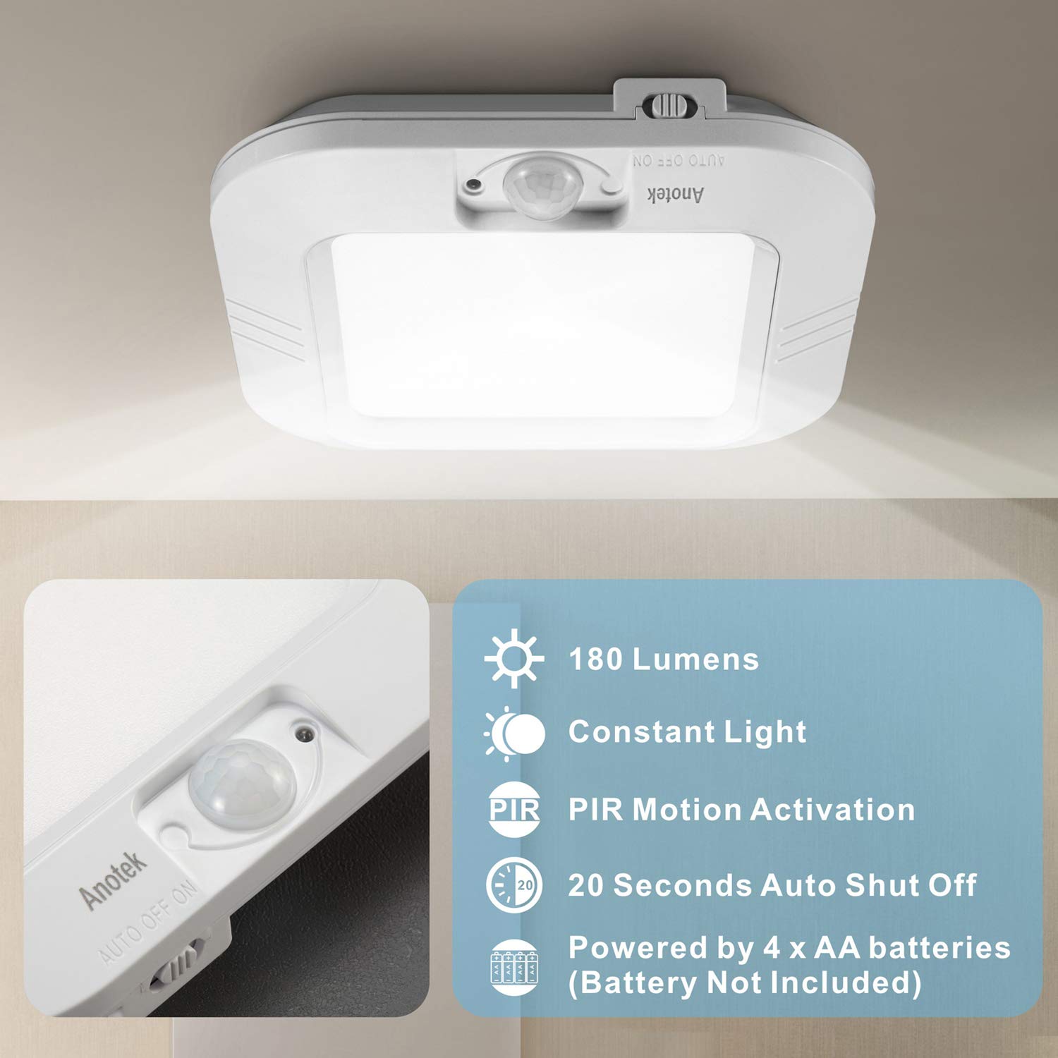 ANOTEK Motion Sensor Ceiling Light, 48LED, 180LM, Battery Operated, 6000K Cool White, 2-Pack, Ideal for Cabinets & Pantries