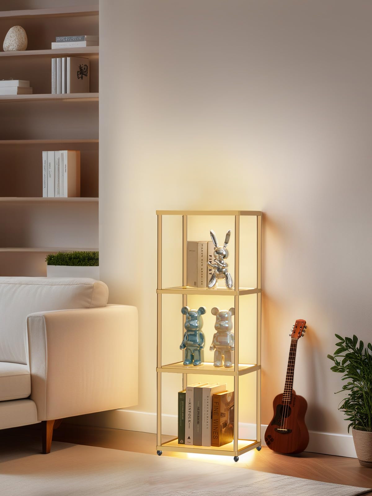 MANBUR LED Display Shelf with 4-Tier Bookcase, Iron, 44inH x 15.7inL x 12.6inW, Gold
