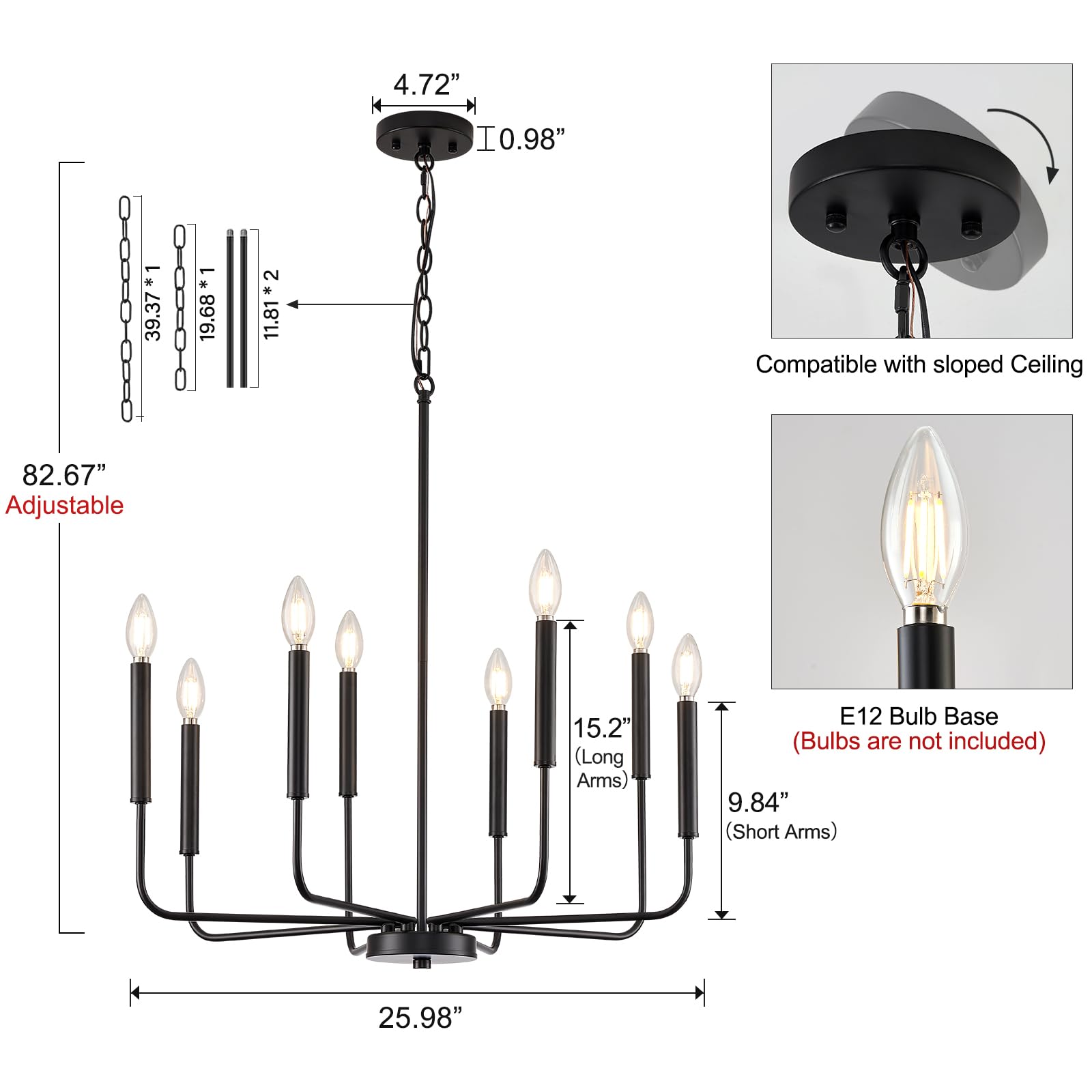 Onesming Modern Black Chandelier For Dining Room,Metal 8-Light Kitchen Light Fixtures, Farmhouse Candle Hanging Pendant Light For Living Room Entryway Foyer Bedroom (Bulbs Not Included)