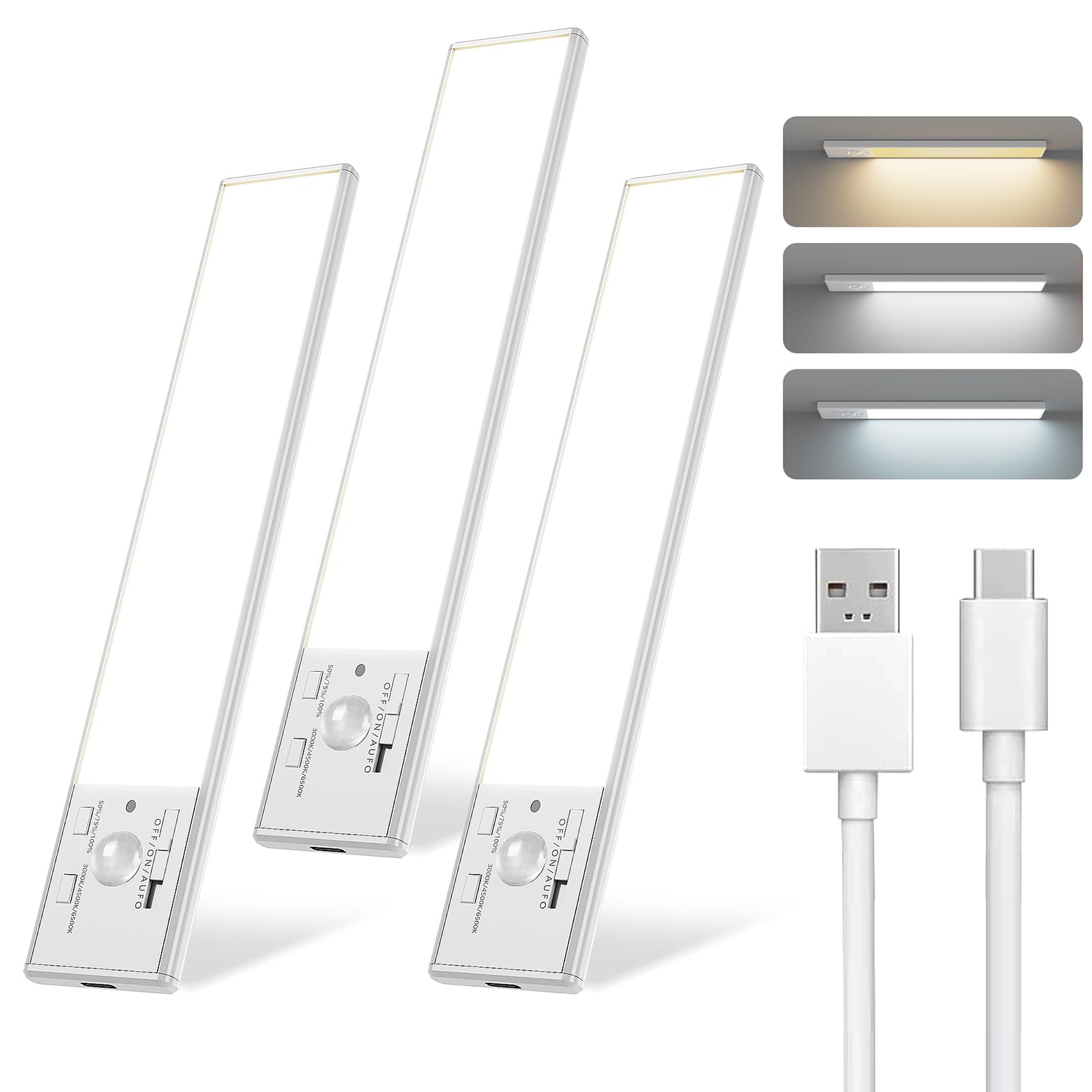 Fby Under Cabinet Lighting 1800Mah Usb Rechargeable Closet Light  8-Inch Led Motion Sensor Indoor  3-Level Adjustable Brightness And 3 Color Temperature Options (3Pack)