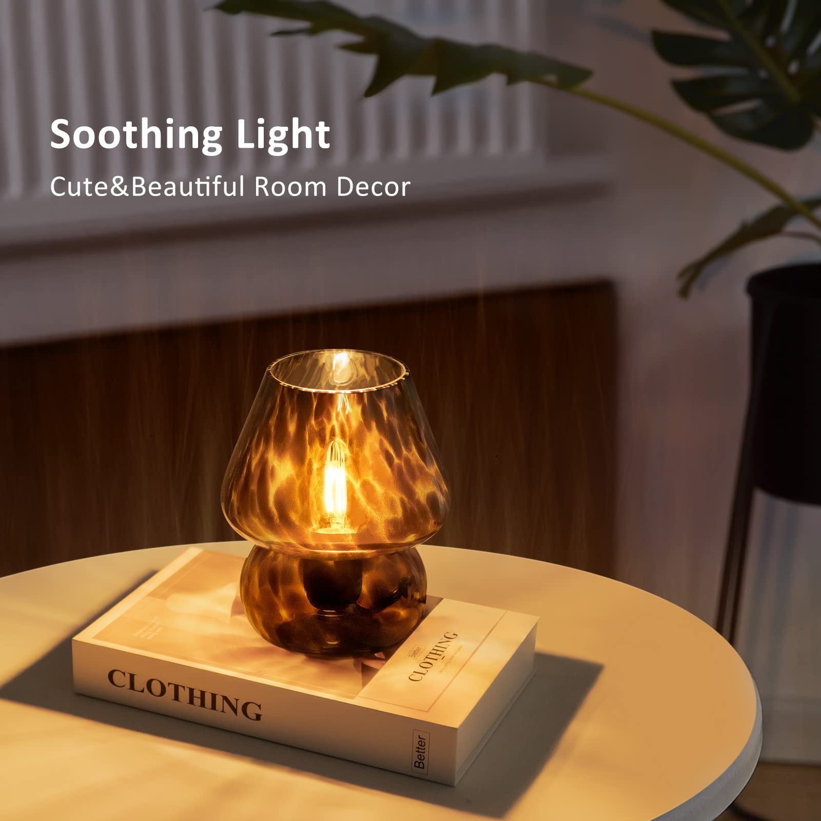 ONEWISH Mushroom Table Lamp Set of 2, Small Dimmable Glass Nightstand Lamp, Vintage Aesthetic, Black, Model 13TAB008USB