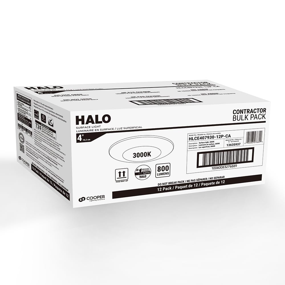 Halo Hlce 4 Inch Integrated Led Recessed Disk Light, 3000K, 700 Lumens, 90 Cri, Title 20 California Compliant, 12-Pack