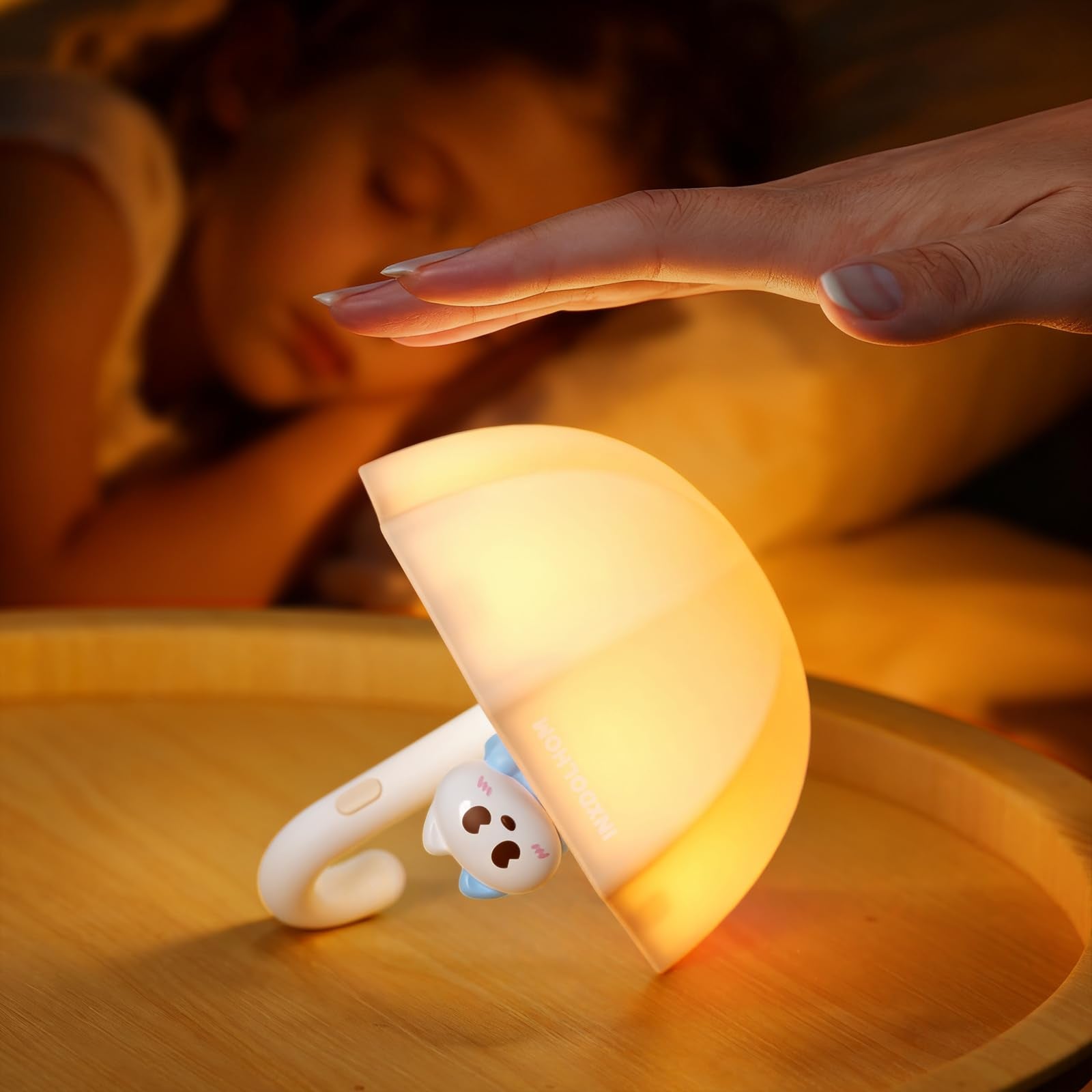 MRSCOZ LED Umbrella Night Light, Rechargeable Touch Lamp for Nursery, Bedside Lamp with Cute Animal Design, White (White)
