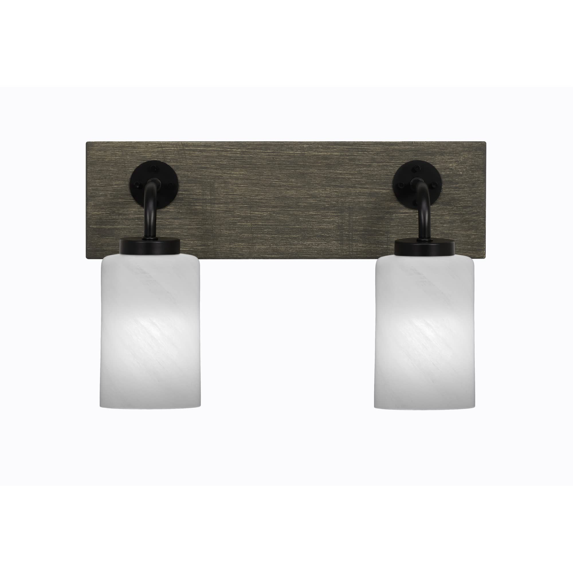 Oxbridge 2 Light Bath Bar In Matte Black & Painted Distressed Wood-Look Metal Finish With 4" White Marble Glass