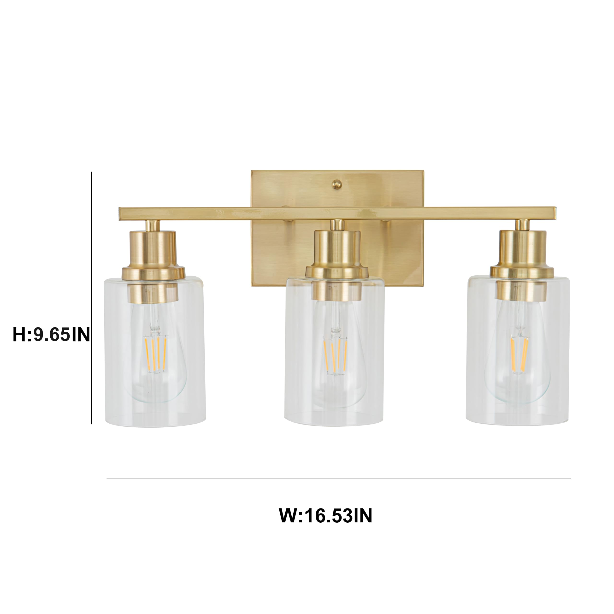 Emong Gold Bathroom Light Fixtures, 3-Lights Vanity Light With Clear Glass Shade, Brushed Brass Wall Sconce For Hallway, Farmhou