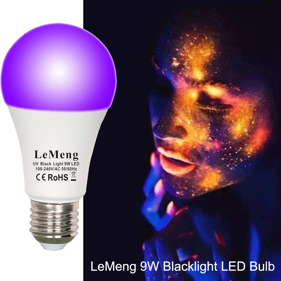 LEMENG LED Black Light Bulb, 9W Blacklight A19, UVA 395-400nm, E26 Medium Base, 3 Pack, UV Blacklight, Aluminum