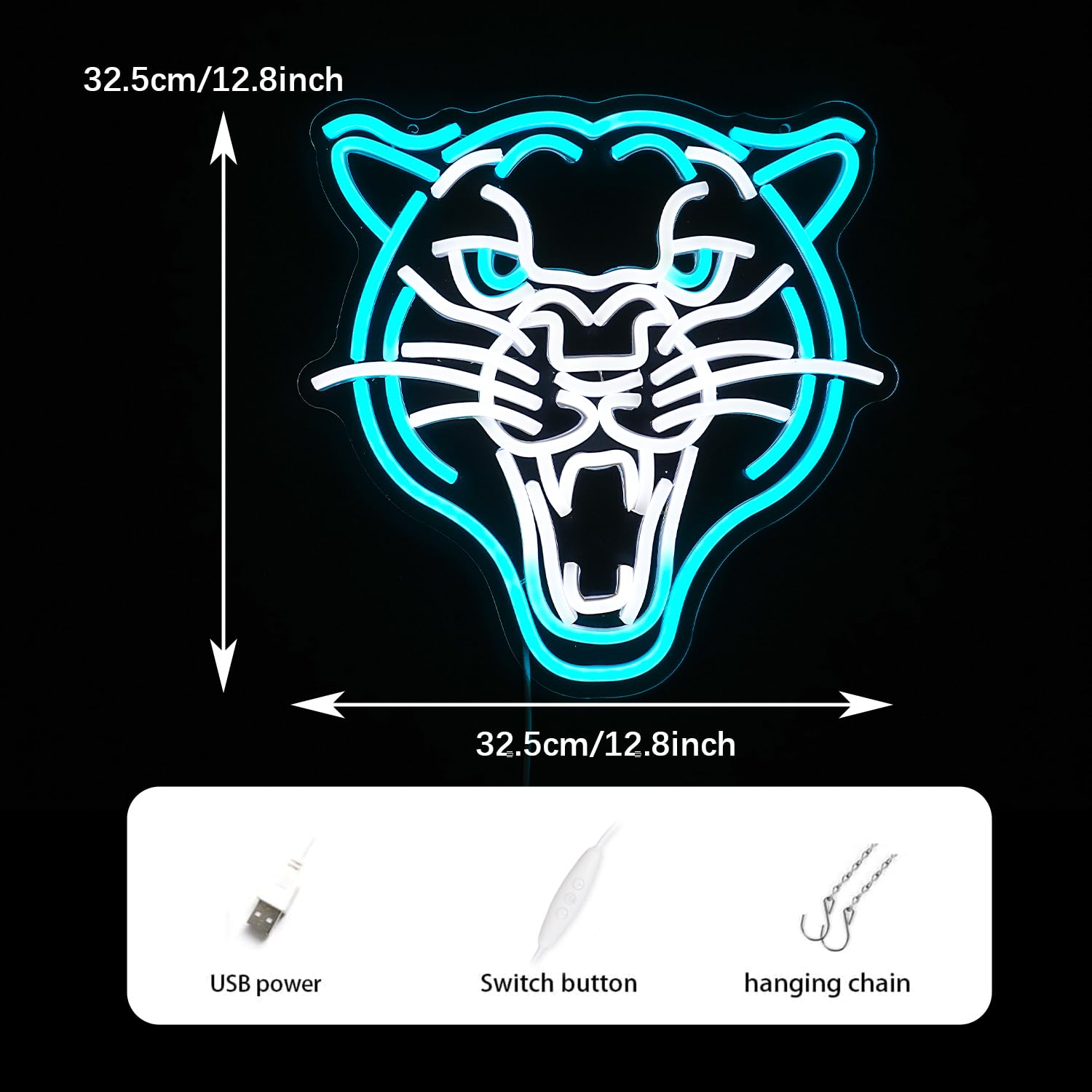 GNVETZLL Leopard Neon Sign, Dimmable LED Wall Decor, 12.8in  x 12.8in , White Ice Blue, USB Powered, Acrylic