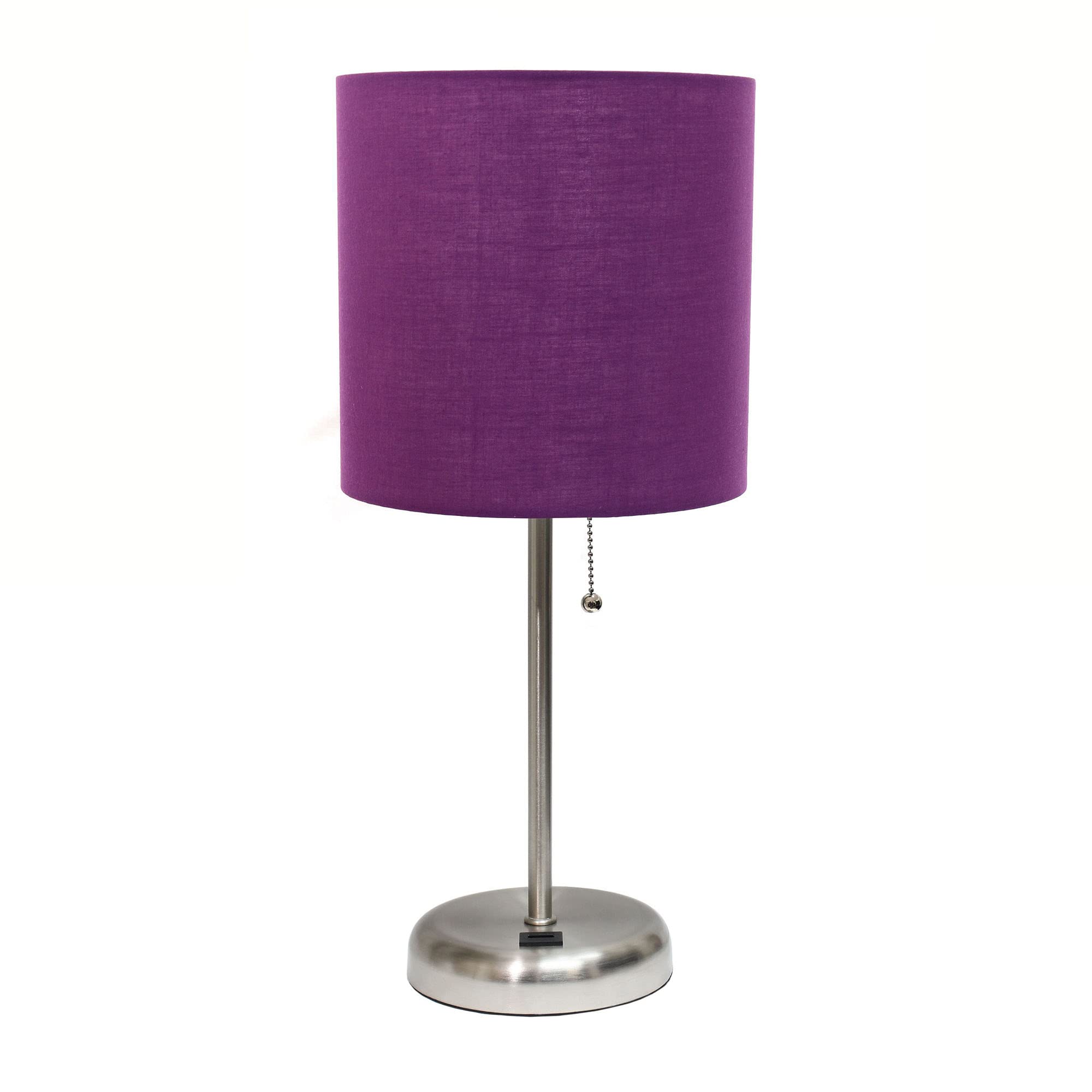 Creekwood Home Oslo 19.5" Contemporary Bedside Usb Port Feature Standard Metal Table Desk Lamp In Brushed Steel With Purple Drum Fabric Shade